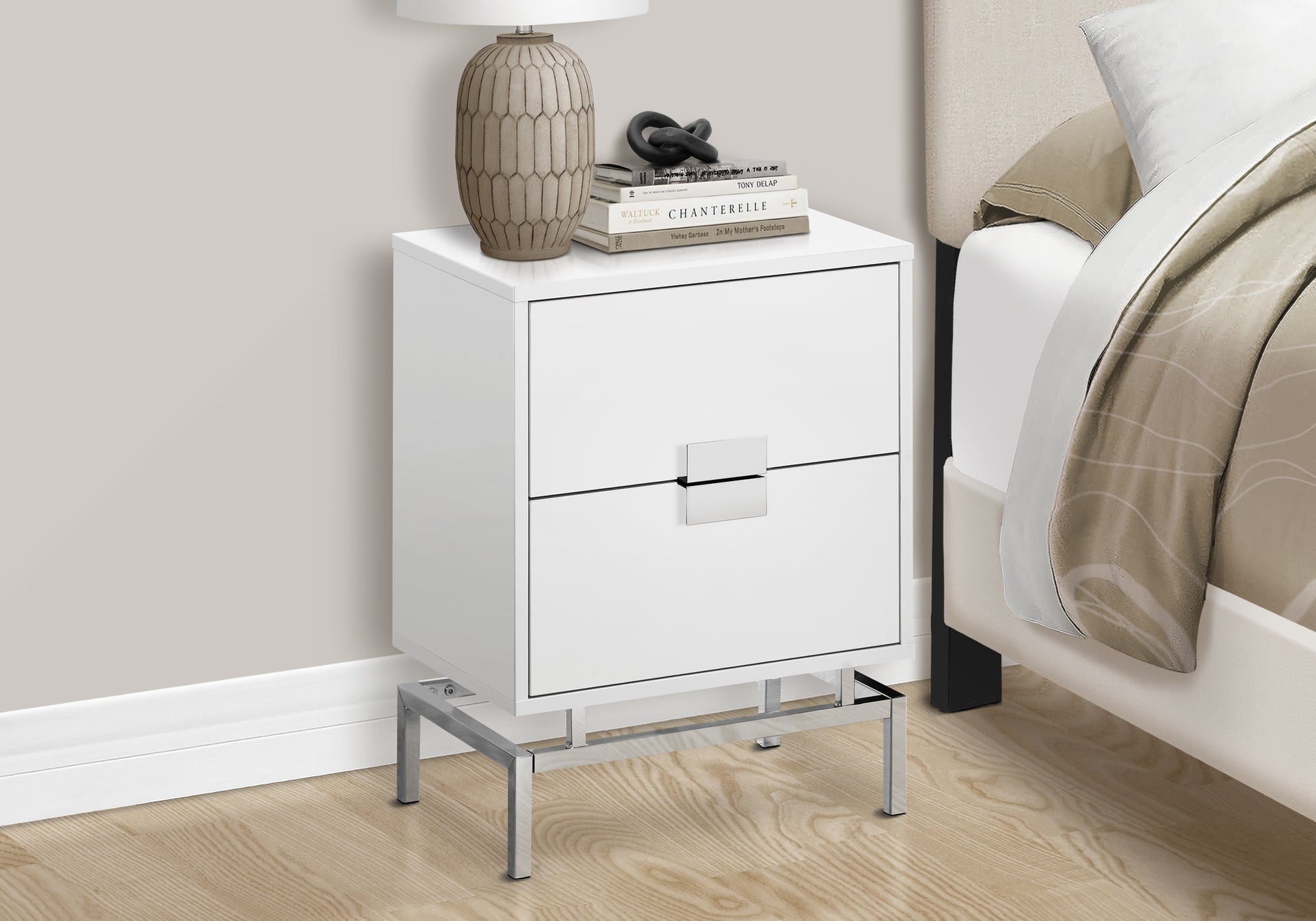 title:Accent Table, Side, End, Nightstand, Lamp, Storage Drawer, Living Room, Bedroom, Glossy White Laminate, Chrome Metal, Contemporary, Modern;color:White