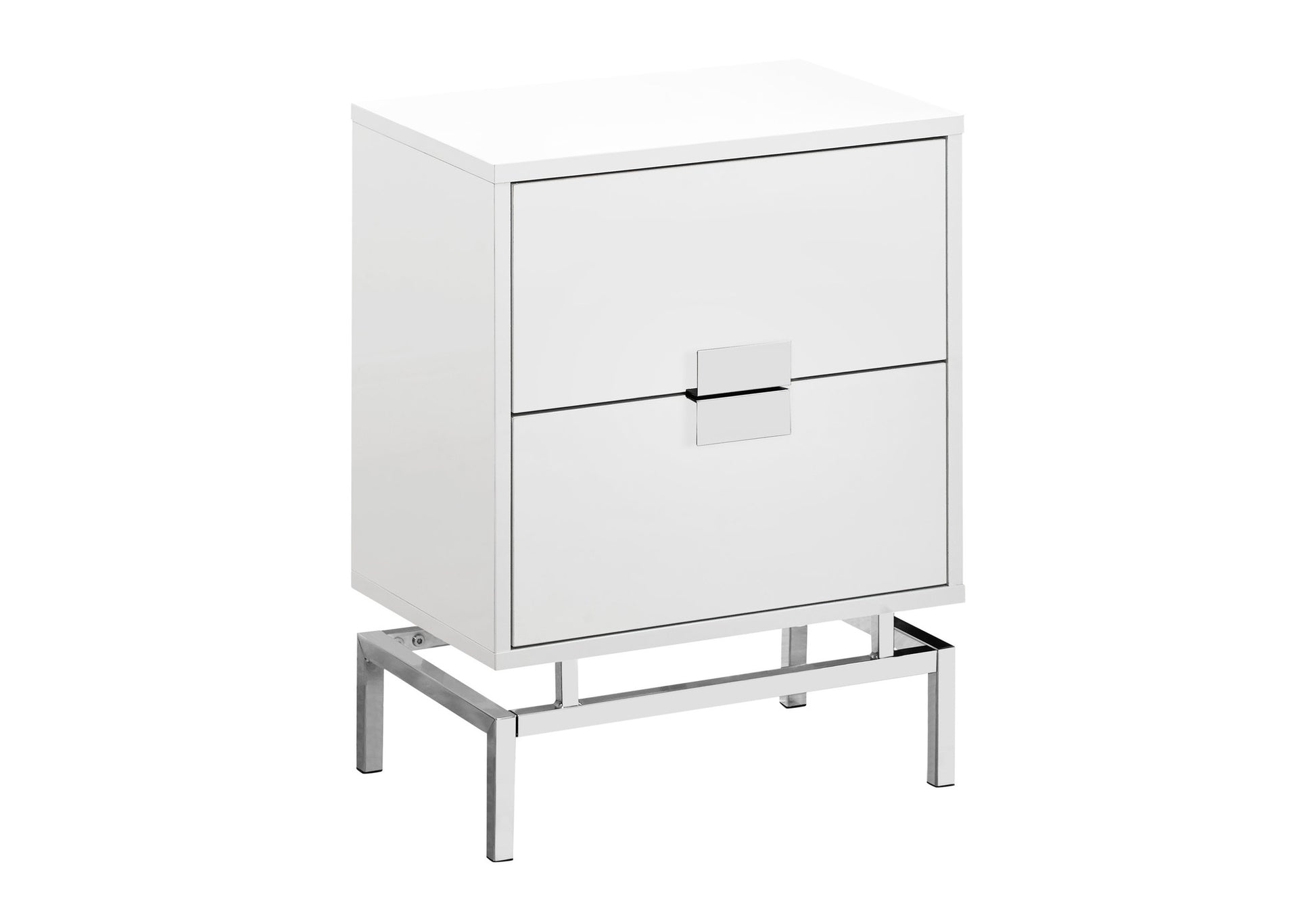 title:Accent Table, Side, End, Nightstand, Lamp, Storage Drawer, Living Room, Bedroom, Glossy White Laminate, Chrome Metal, Contemporary, Modern;color:White