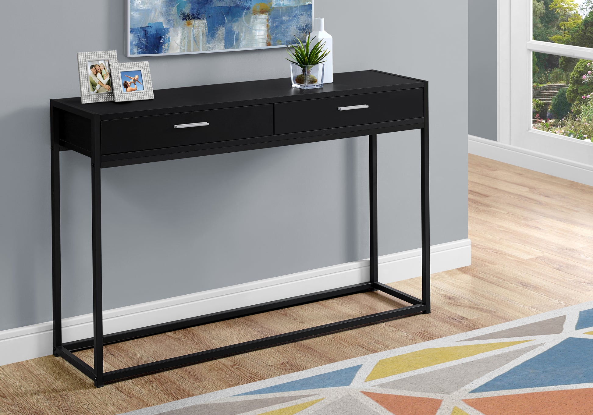 title:Accent Table, Console, Entryway, Narrow, Sofa, Storage Drawer, Living Room, Bedroom, Black Laminate, Black Metal, Contemporary, Modern;color:Black