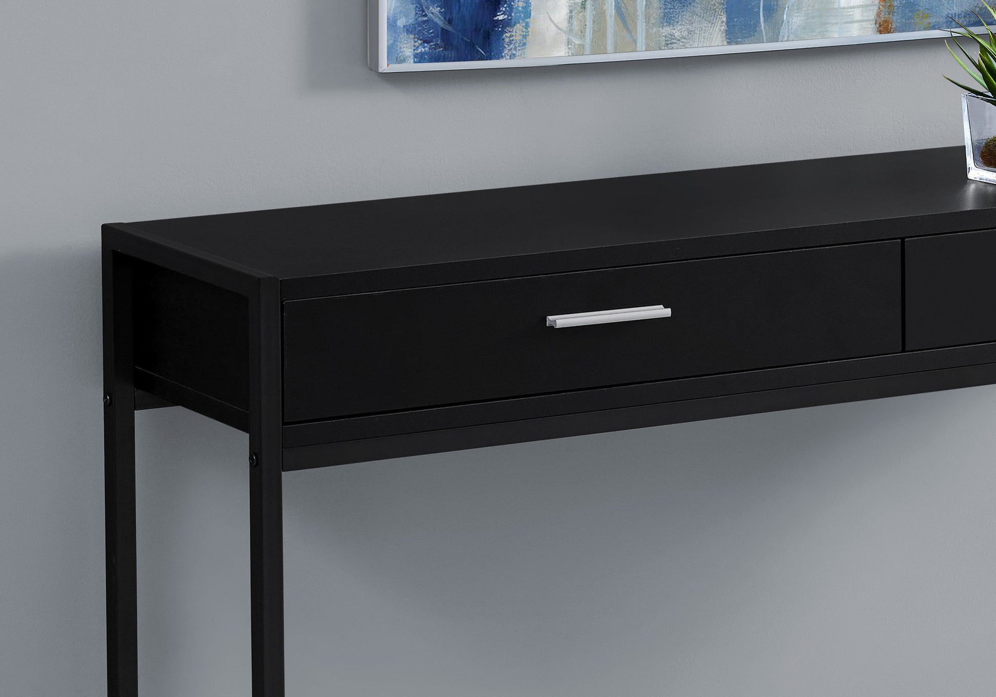 title:Accent Table, Console, Entryway, Narrow, Sofa, Storage Drawer, Living Room, Bedroom, Black Laminate, Black Metal, Contemporary, Modern;color:Black