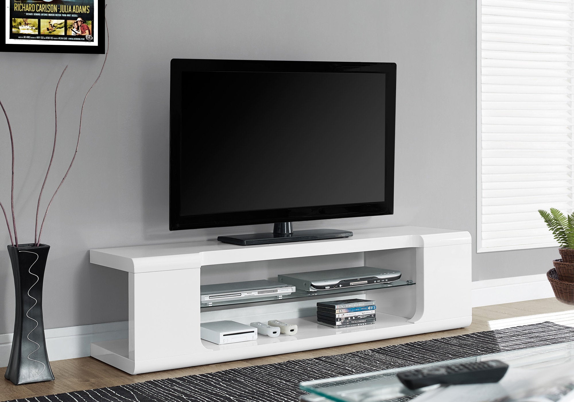 title:Tv Stand, 60 Inch, Console, Media Entertainment Center, Storage Shelves, Living Room, Bedroom, Glossy White Laminate, Clear Tempered Glass, Contemporary, Modern;color:White