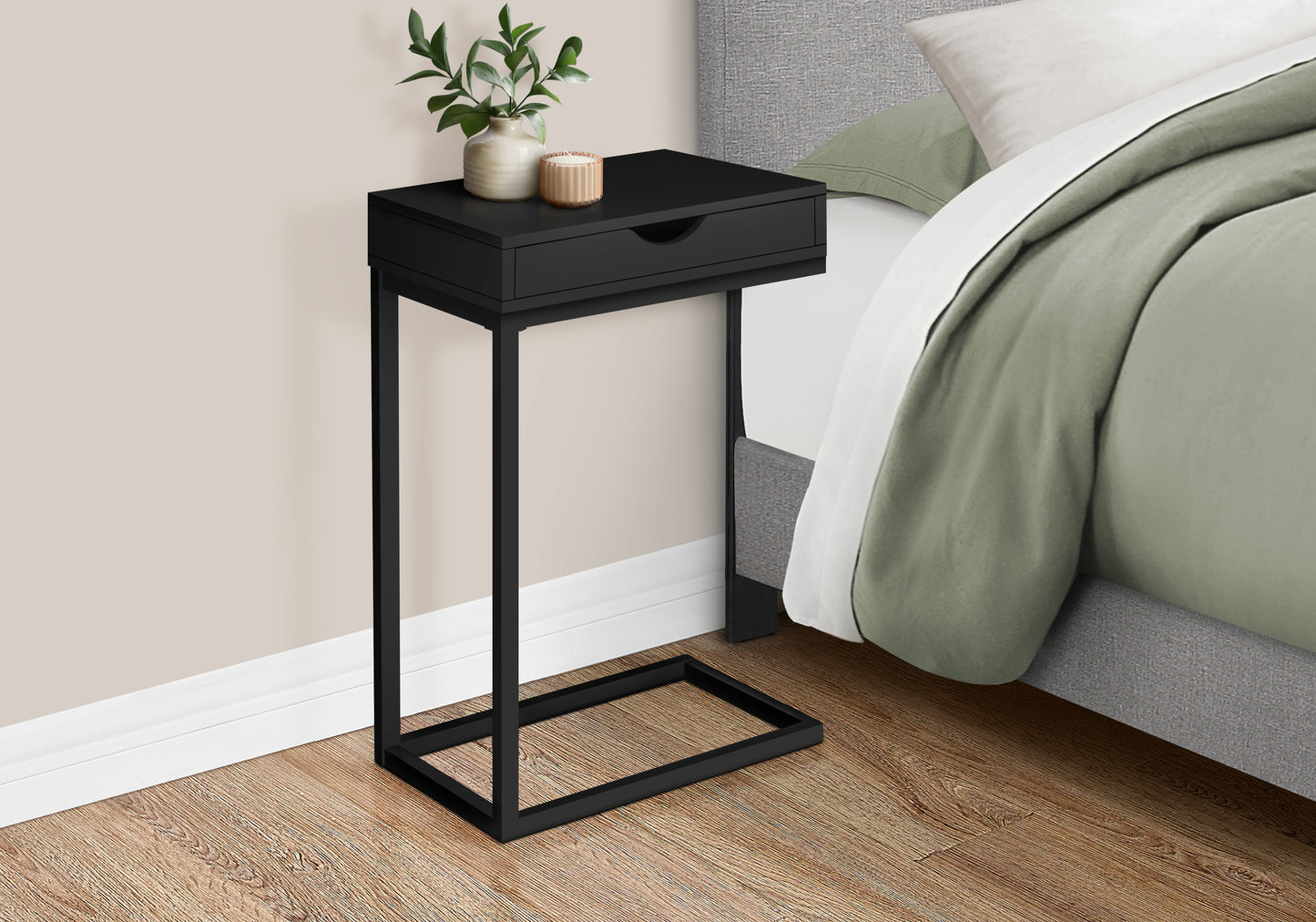 title:Accent Table, C-shaped, End, Side, Snack, Storage Drawer, Living Room, Bedroom, Black Laminate, Black Metal, Contemporary, Modern;color:Black