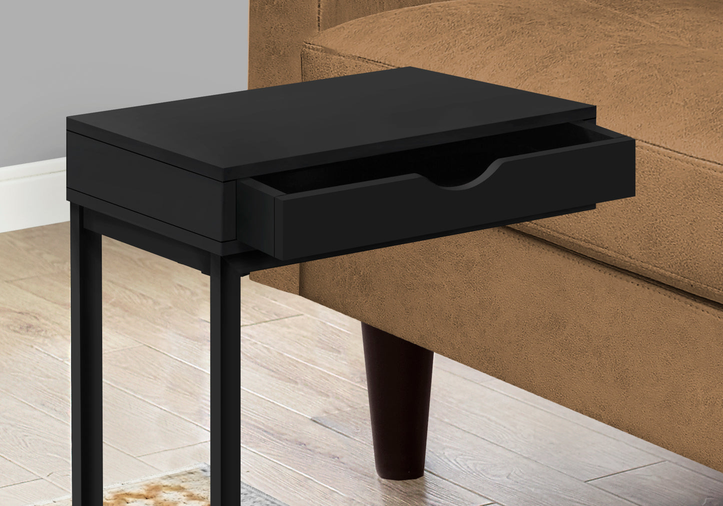 title:Accent Table, C-shaped, End, Side, Snack, Storage Drawer, Living Room, Bedroom, Black Laminate, Black Metal, Contemporary, Modern;color:Black