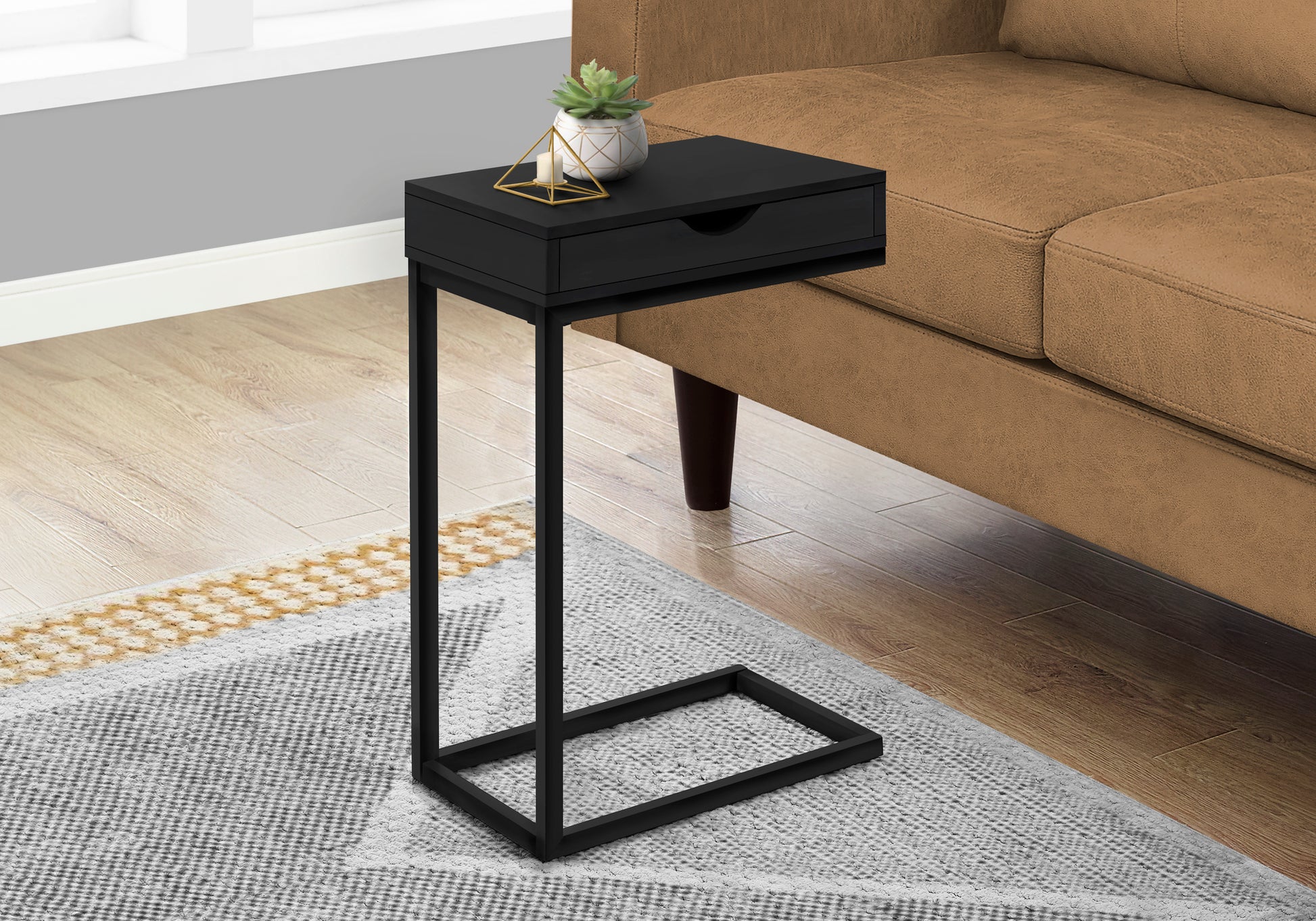 title:Accent Table, C-shaped, End, Side, Snack, Storage Drawer, Living Room, Bedroom, Black Laminate, Black Metal, Contemporary, Modern;color:Black