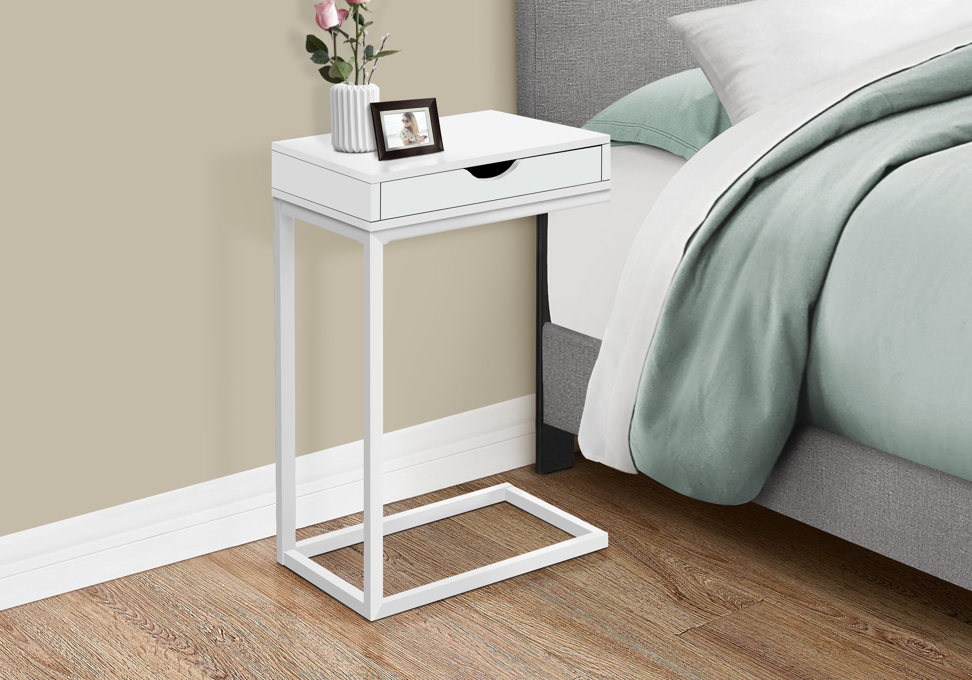 title:Accent Table, C-shaped, End, Side, Snack, Storage Drawer, Living Room, Bedroom, White Laminate, White Metal, Contemporary, Modern;color:White