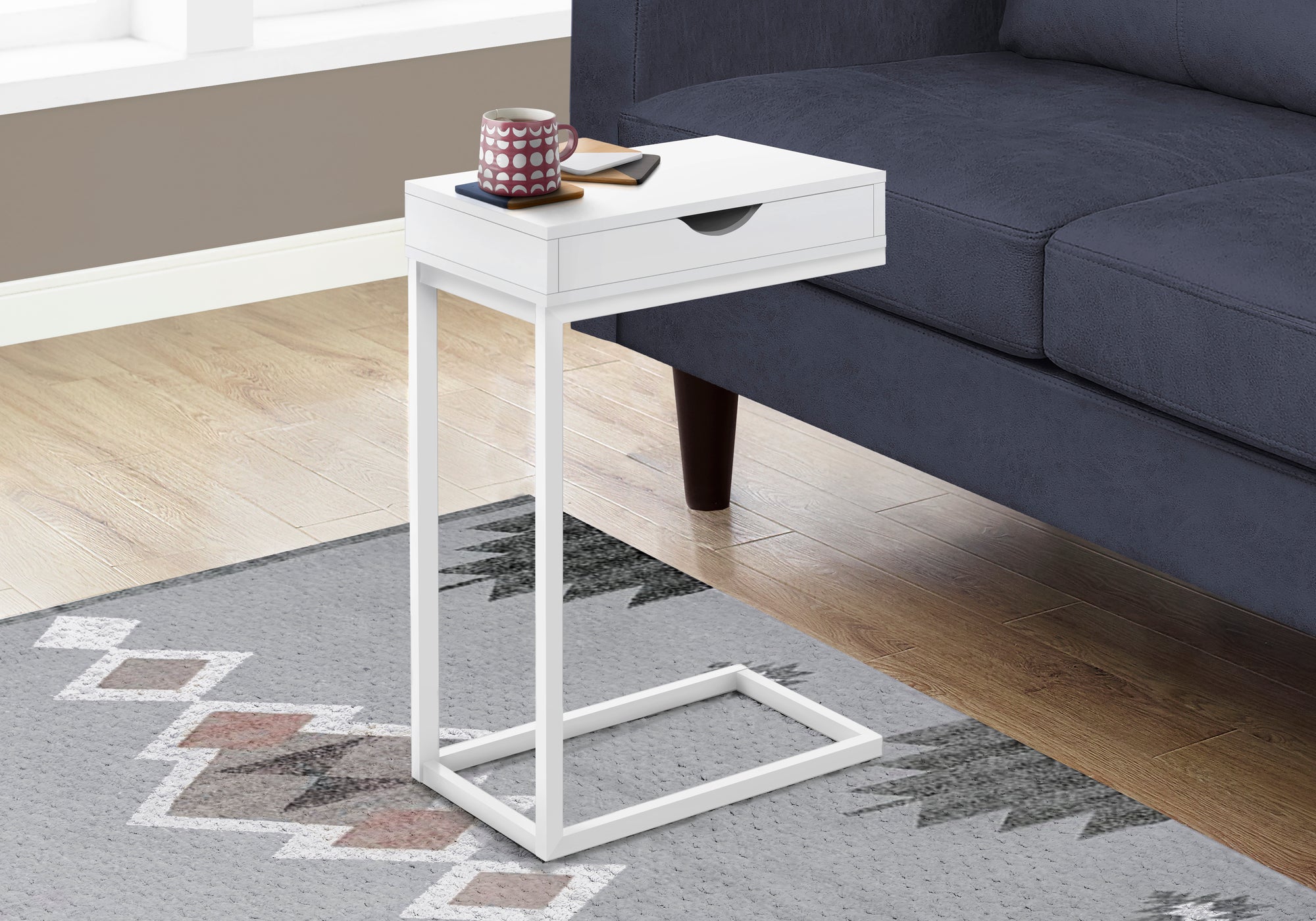 title:Accent Table, C-shaped, End, Side, Snack, Storage Drawer, Living Room, Bedroom, White Laminate, White Metal, Contemporary, Modern;color:White