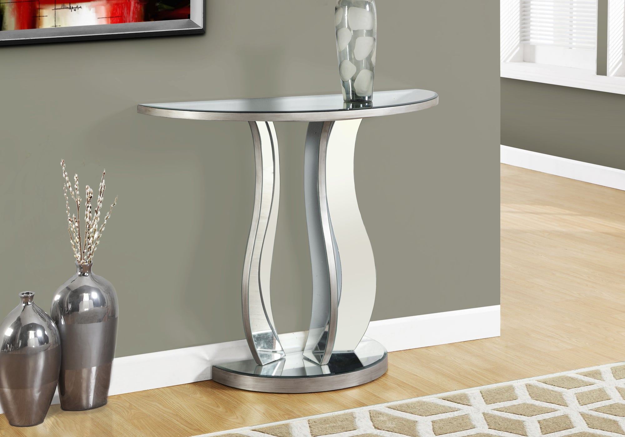 title:Accent Table, Console, Entryway, Narrow, Sofa, Living Room, Bedroom, Clear Mirror, Grey, Transitional;color:Silver