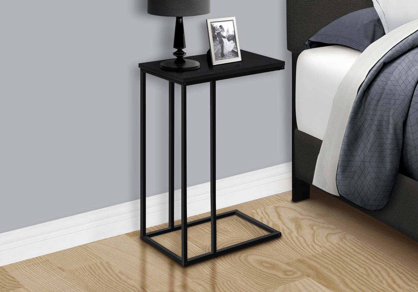 title:Accent Table, C-shaped, End, Side, Snack, Living Room, Bedroom, Black Laminate, Black Metal, Contemporary, Modern;color:Black