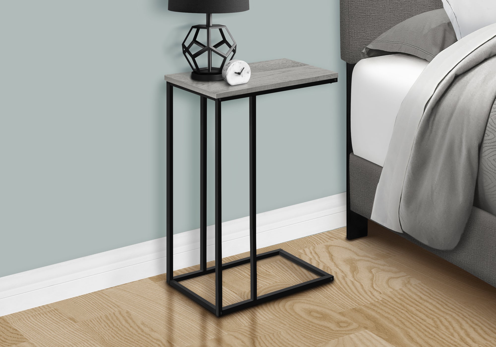 title:Accent Table, C-shaped, End, Side, Snack, Living Room, Bedroom, Grey Laminate, Black Metal, Contemporary, Modern;color:Grey