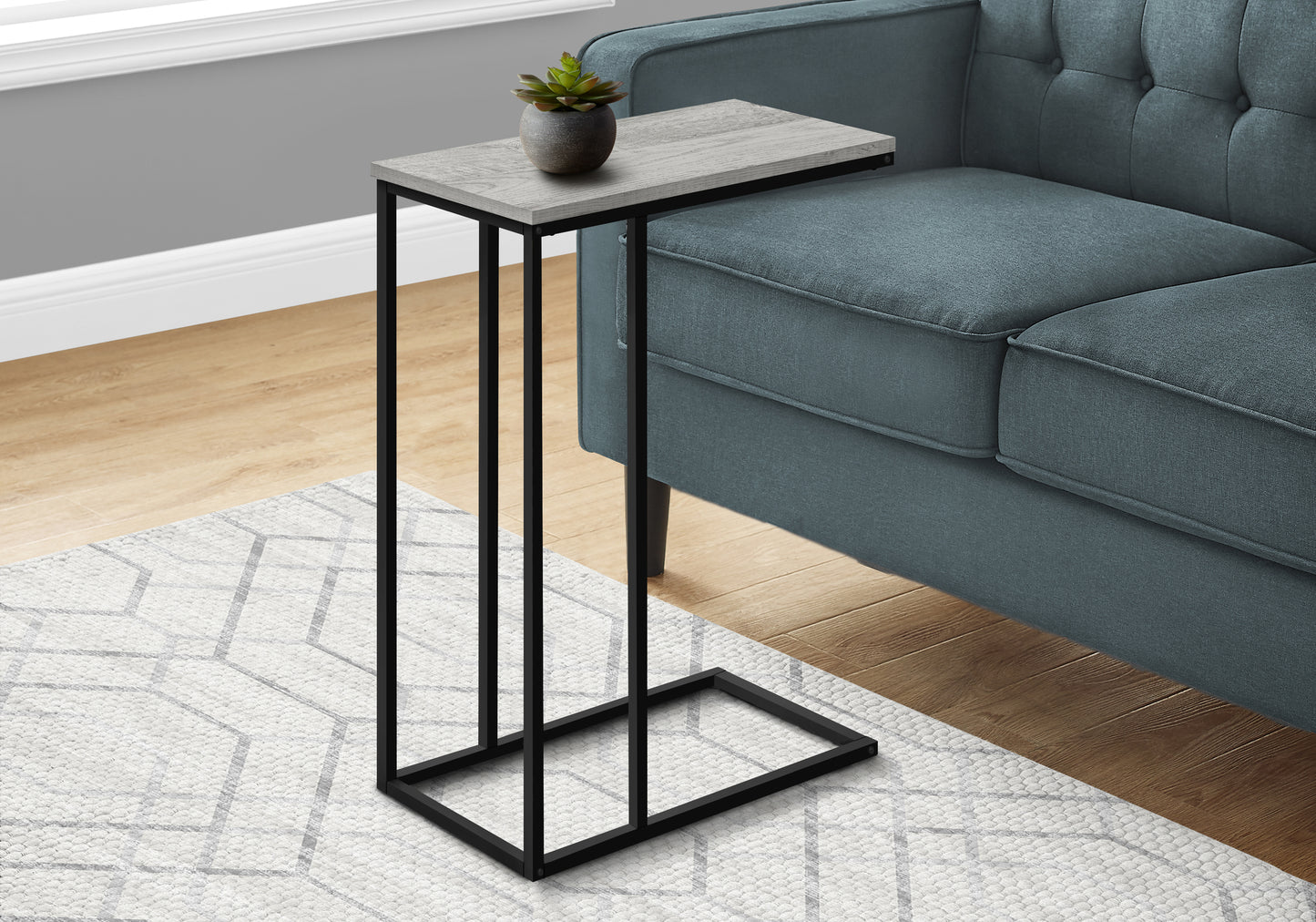 title:Accent Table, C-shaped, End, Side, Snack, Living Room, Bedroom, Grey Laminate, Black Metal, Contemporary, Modern;color:Grey