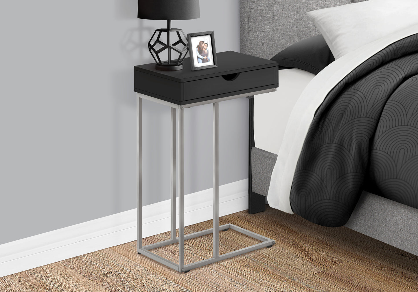 title:Accent Table, C-shaped, End, Side, Snack, Storage Drawer, Living Room, Bedroom, Black Laminate, Grey Metal, Contemporary, Modern;color:Black