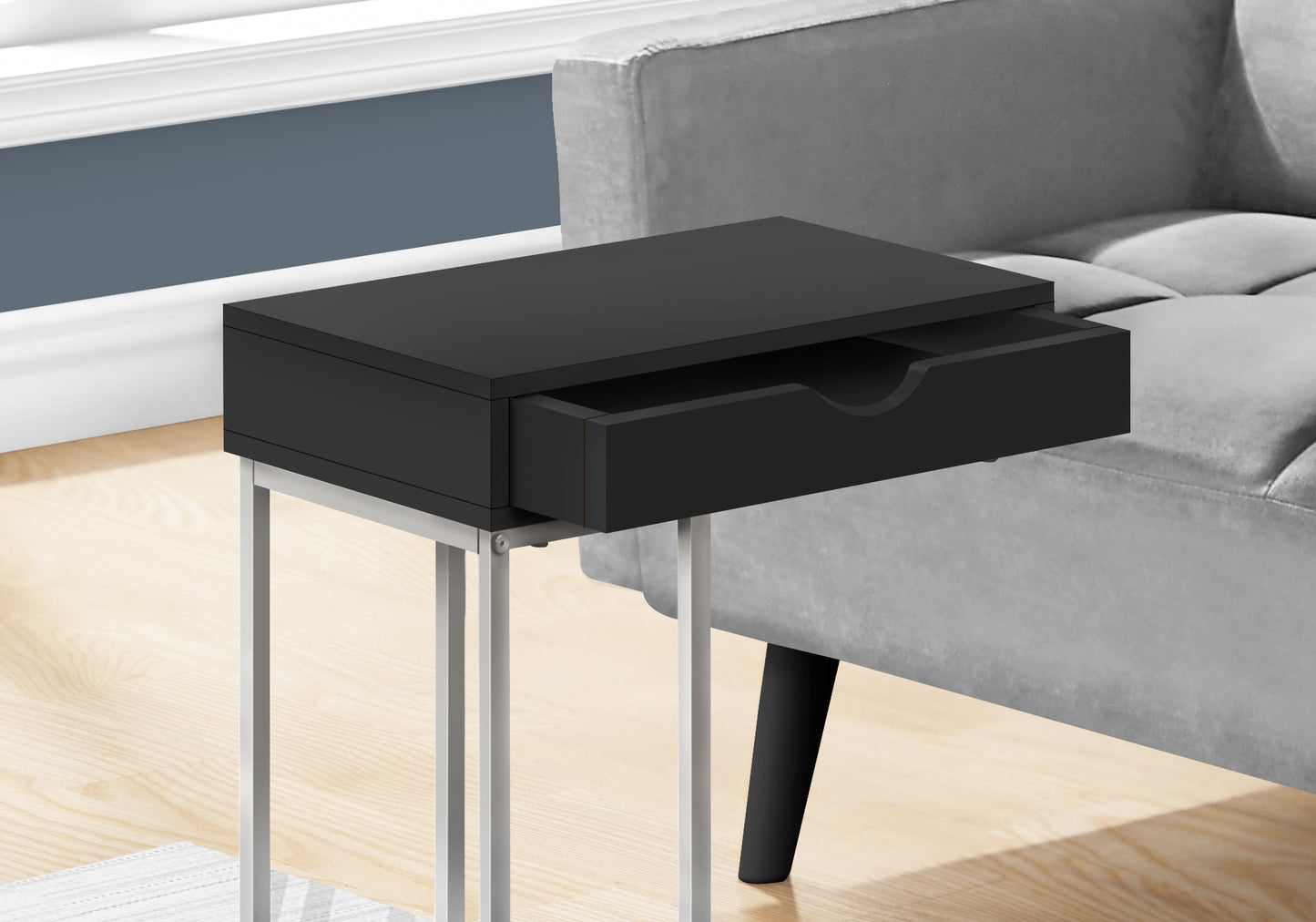 title:Accent Table, C-shaped, End, Side, Snack, Storage Drawer, Living Room, Bedroom, Black Laminate, Grey Metal, Contemporary, Modern;color:Black