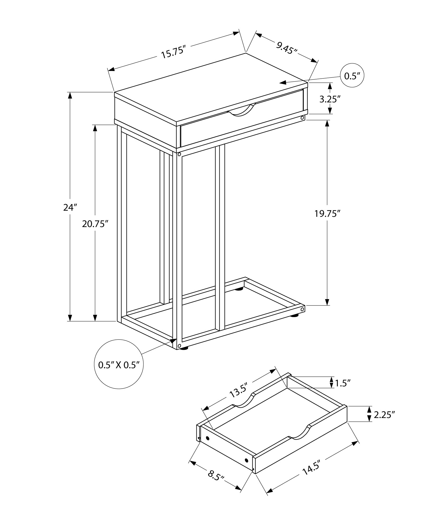 title:Accent Table, C-shaped, End, Side, Snack, Storage Drawer, Living Room, Bedroom, Black Laminate, Grey Metal, Contemporary, Modern;color:Black