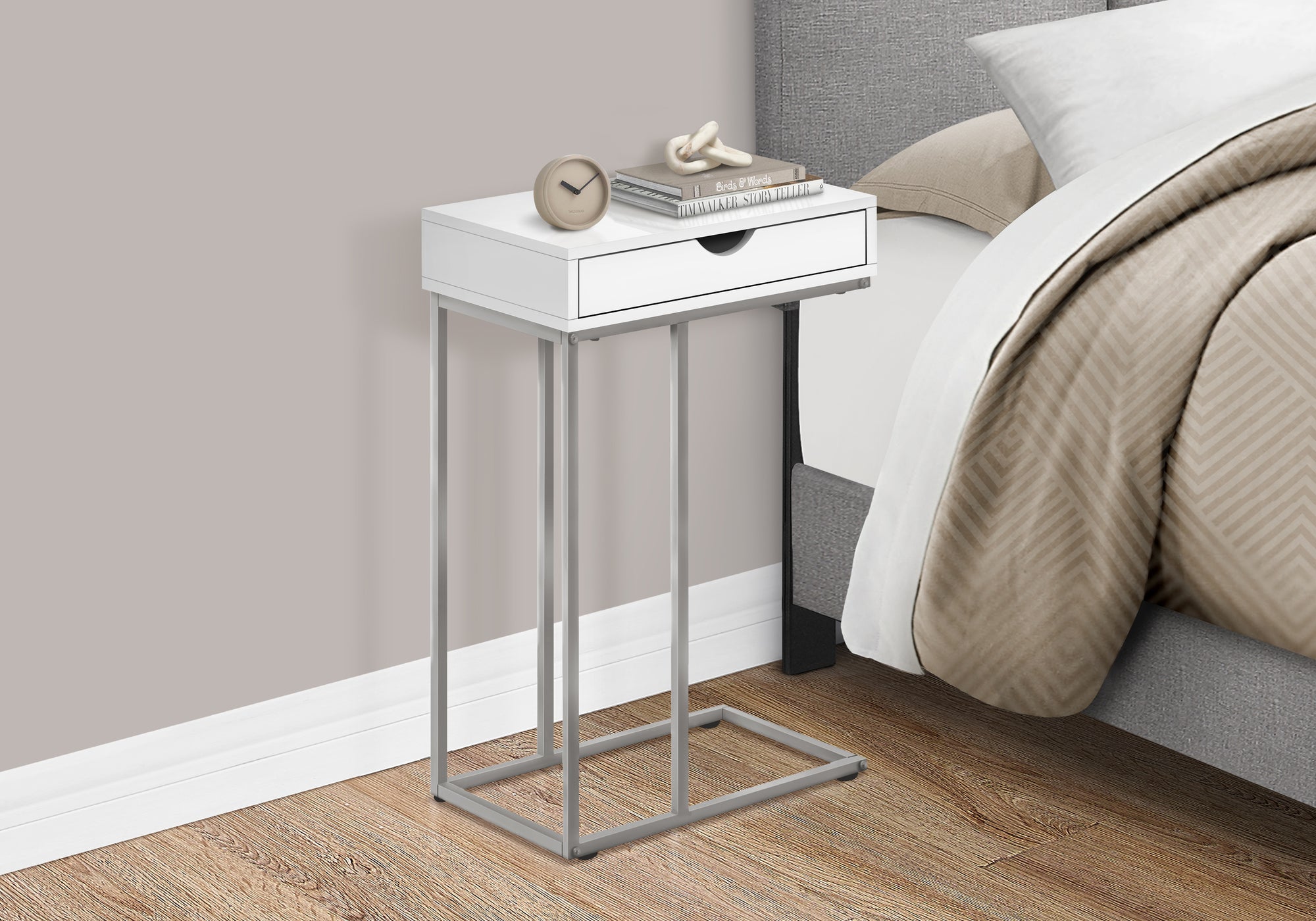 title:Accent Table, C-shaped, End, Side, Snack, Storage Drawer, Living Room, Bedroom, White Laminate, Grey Metal, Contemporary, Modern;color:White