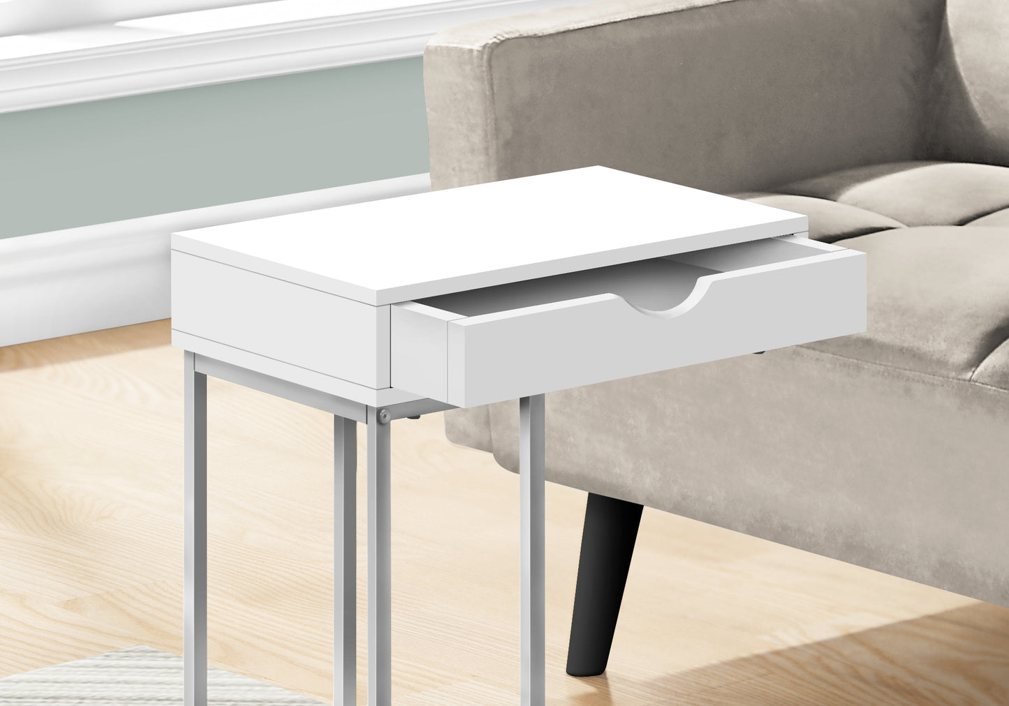 title:Accent Table, C-shaped, End, Side, Snack, Storage Drawer, Living Room, Bedroom, White Laminate, Grey Metal, Contemporary, Modern;color:White