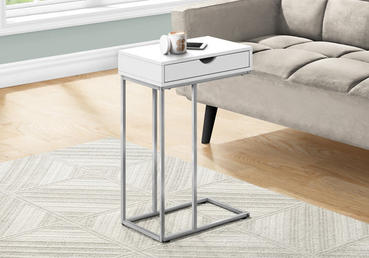 title:Accent Table, C-shaped, End, Side, Snack, Storage Drawer, Living Room, Bedroom, White Laminate, Grey Metal, Contemporary, Modern;color:White