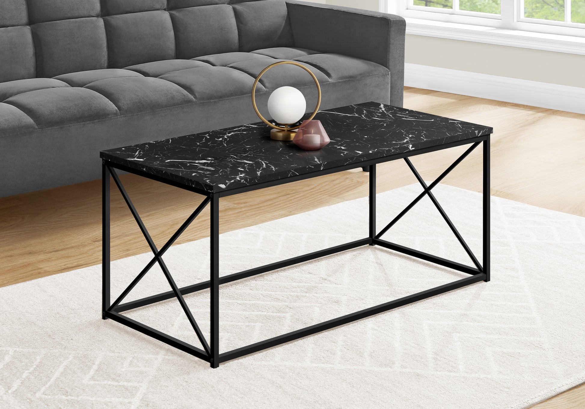 title:Coffee Table, Accent, Cocktail, Rectangular, Living Room, 40"l, Black Marble Look Laminate, Black Metal, Contemporary, Modern;color:Black