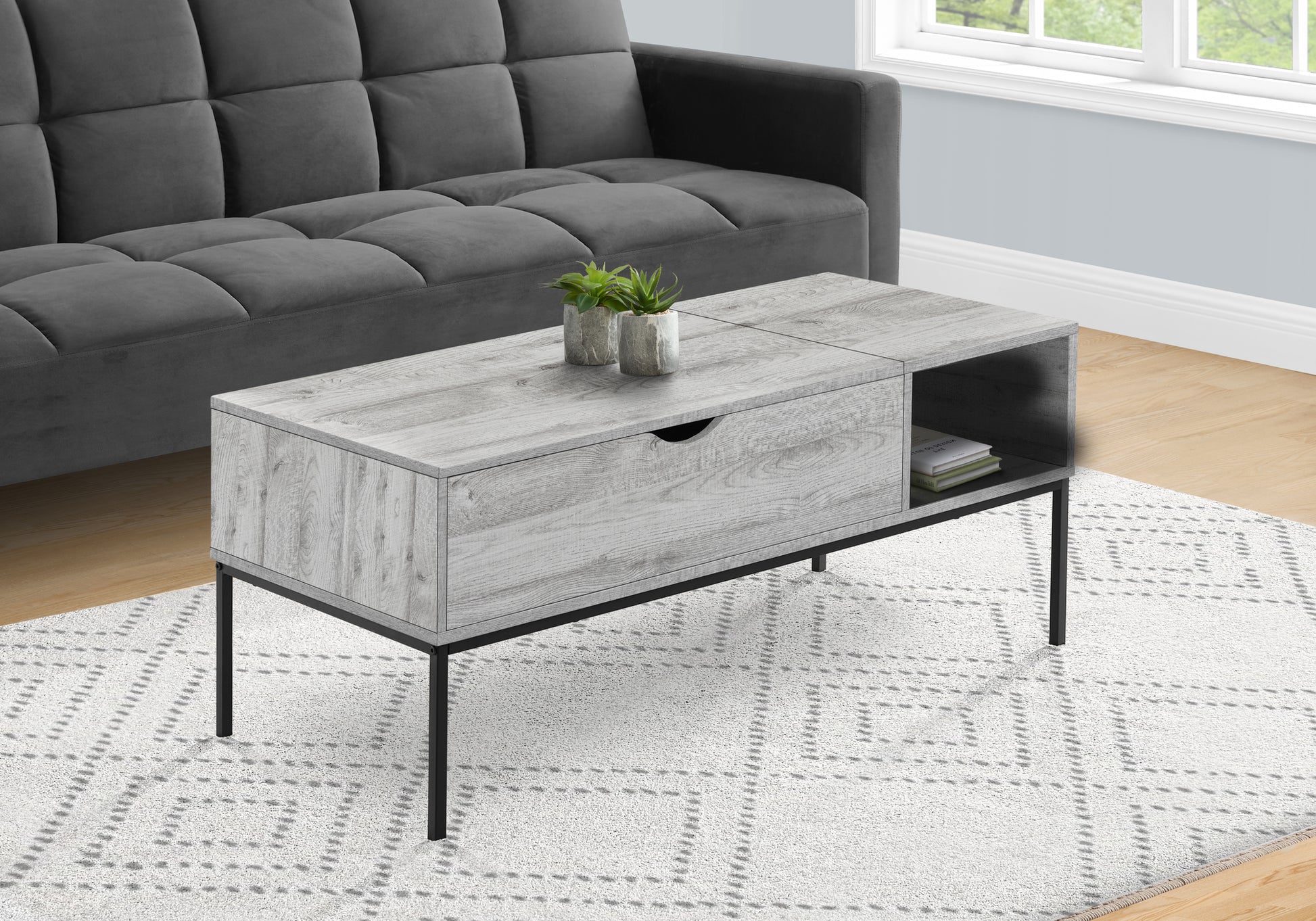 title:Coffee Table, 42" L, Rectangular, Cocktail, Lift-top, Grey, Black Metal, Contemporary, Modern;color:Grey