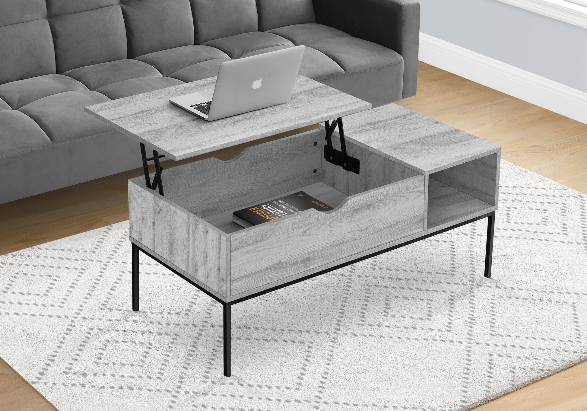 title:Coffee Table, 42" L, Rectangular, Cocktail, Lift-top, Grey, Black Metal, Contemporary, Modern;color:Grey