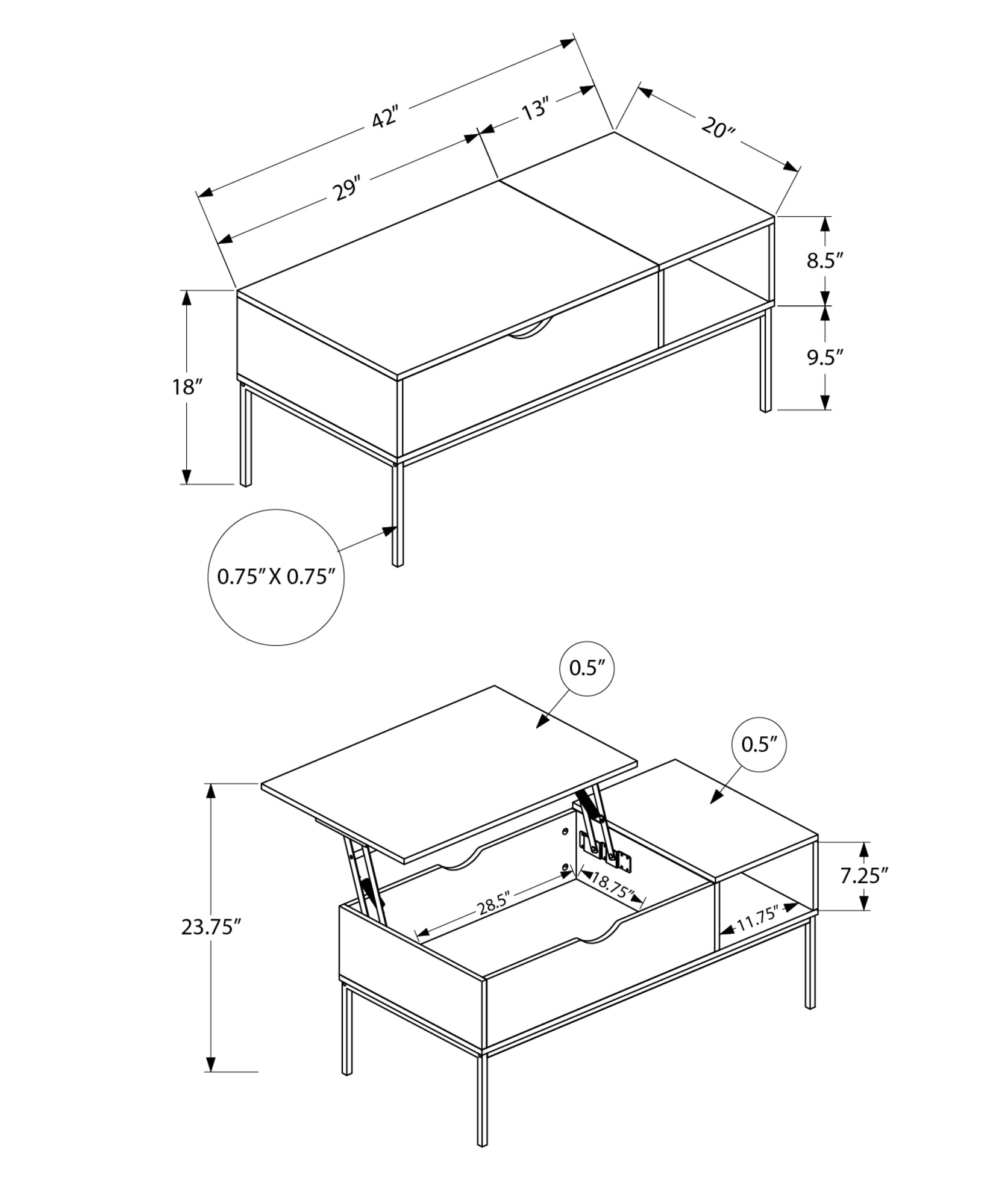 title:Coffee Table, 42" L, Rectangular, Cocktail, Lift-top, Dark Taupe, Black Metal, Contemporary, Modern;color:Dark Taupe