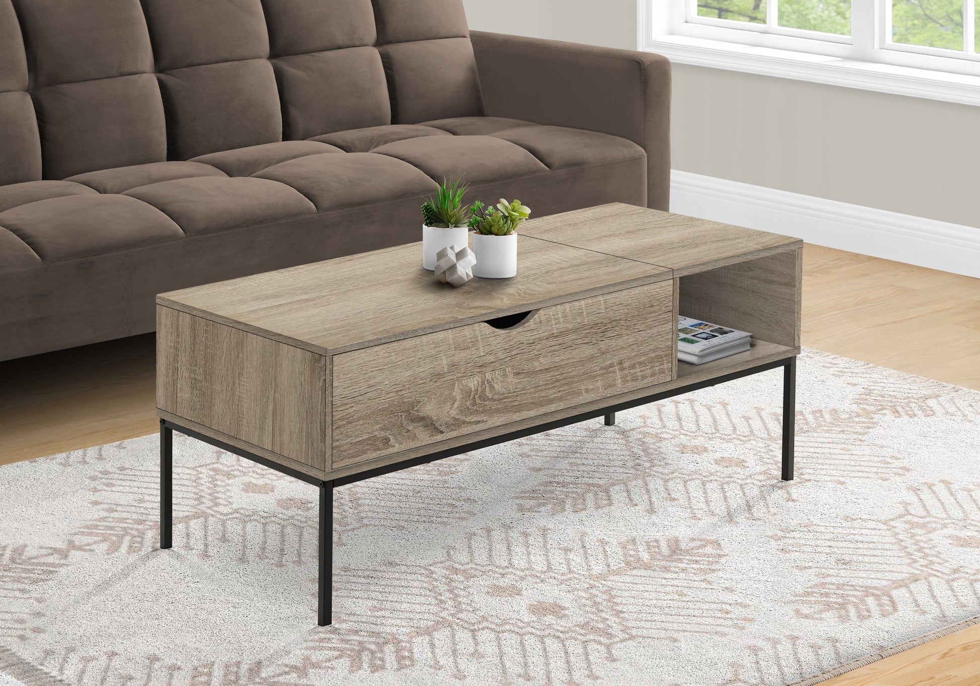 title:Coffee Table, 42" L, Rectangular, Cocktail, Lift-top, Dark Taupe, Black Metal, Contemporary, Modern;color:Dark Taupe