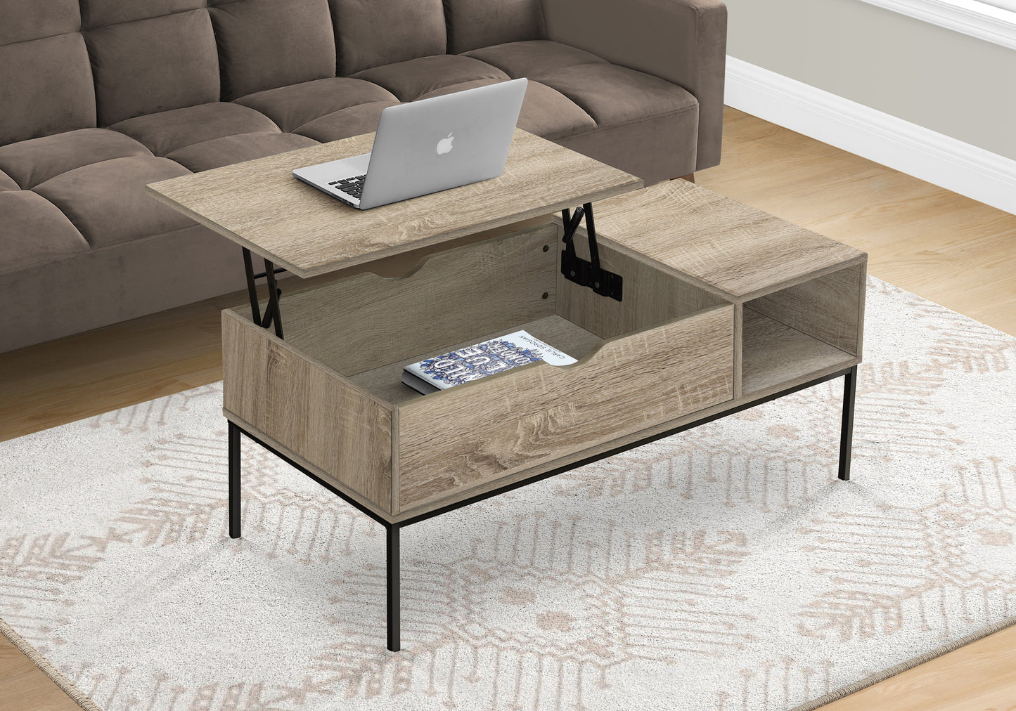 title:Coffee Table, 42" L, Rectangular, Cocktail, Lift-top, Dark Taupe, Black Metal, Contemporary, Modern;color:Dark Taupe