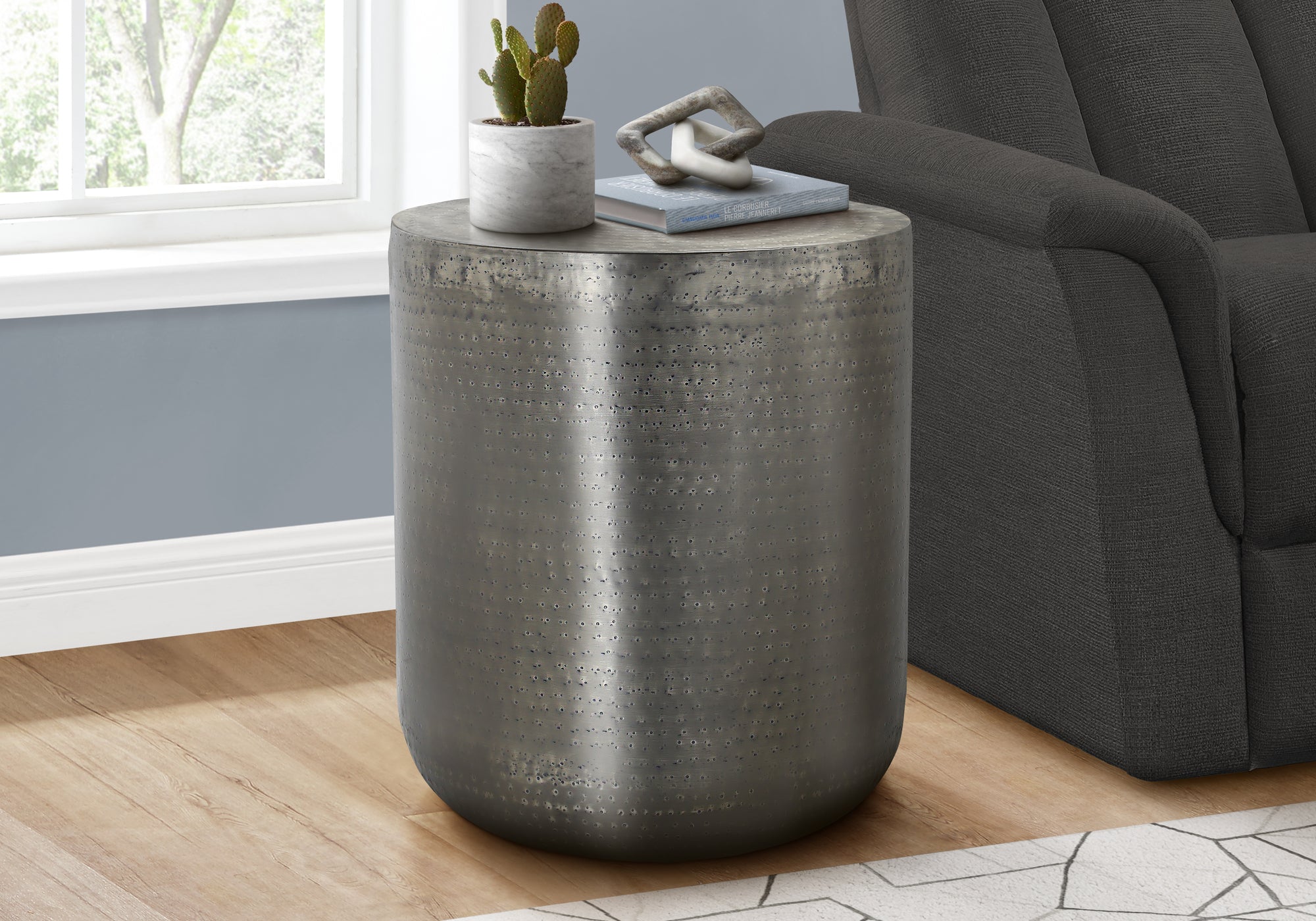 title:Accent Table, Drum, Side, End, Nightstand, Lamp, Living Room, Bedroom, Grey Metal, Contemporary, Modern;color:Silver 1