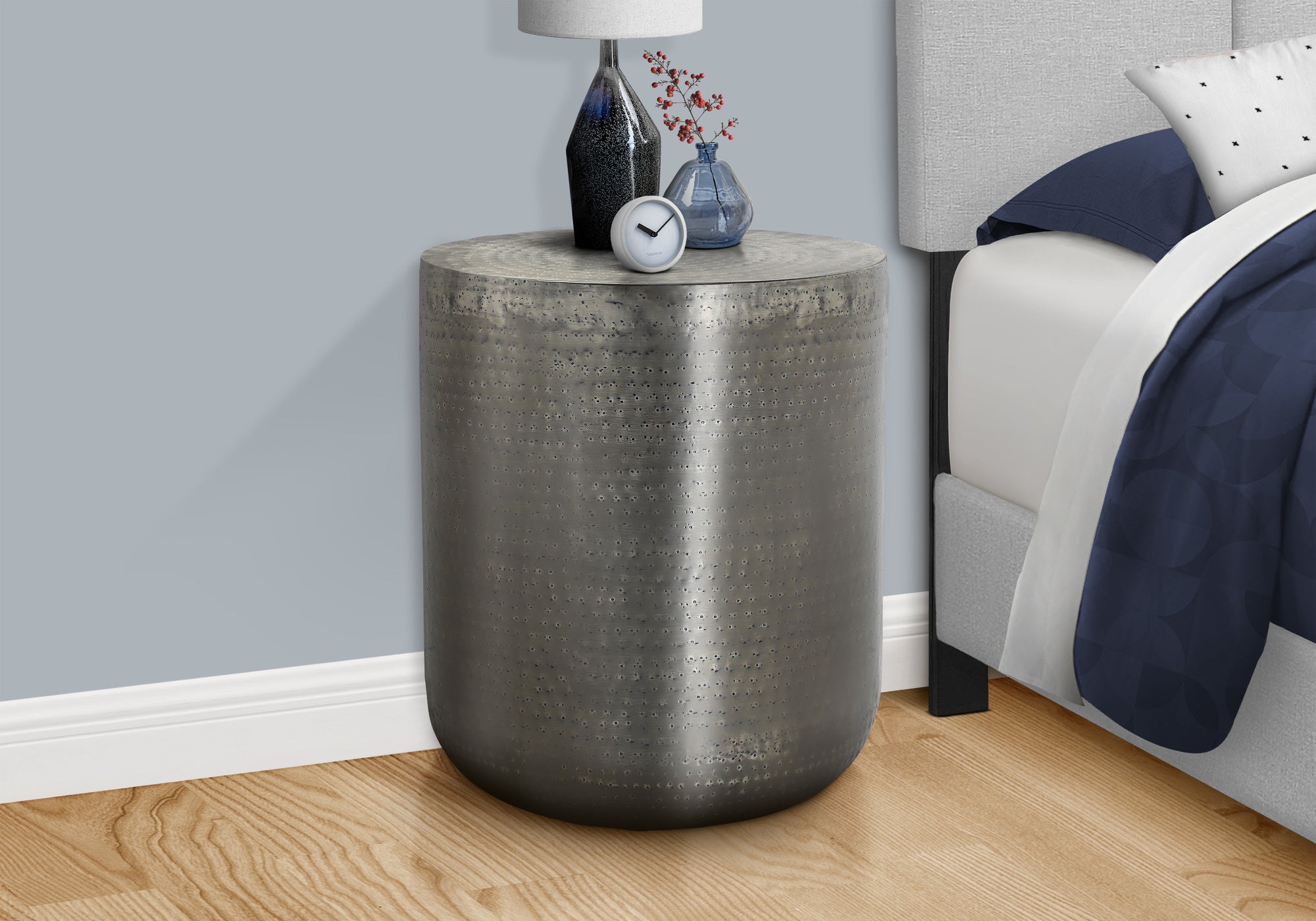 title:Accent Table, Drum, Side, End, Nightstand, Lamp, Living Room, Bedroom, Grey Metal, Contemporary, Modern;color:Silver 1