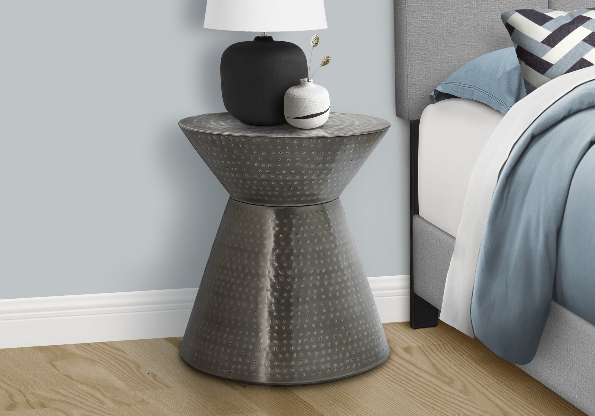 title:Accent Table, Drum, Side, End, Nightstand, Lamp, Living Room, Bedroom, Grey Metal, Contemporary, Modern;color:Silver 2