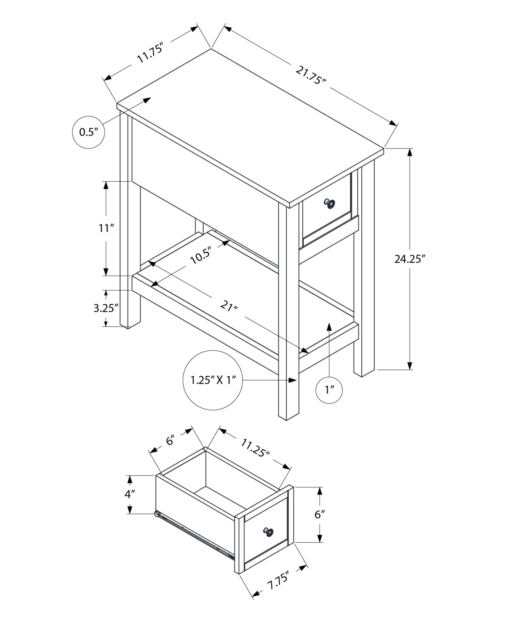 title:Accent Table, 2 Tier, End, Lamp, Nightstand, Side Table, Narrow, Small, Storage Drawer, Bedroom, Black Veneer, Transitional;color:Black