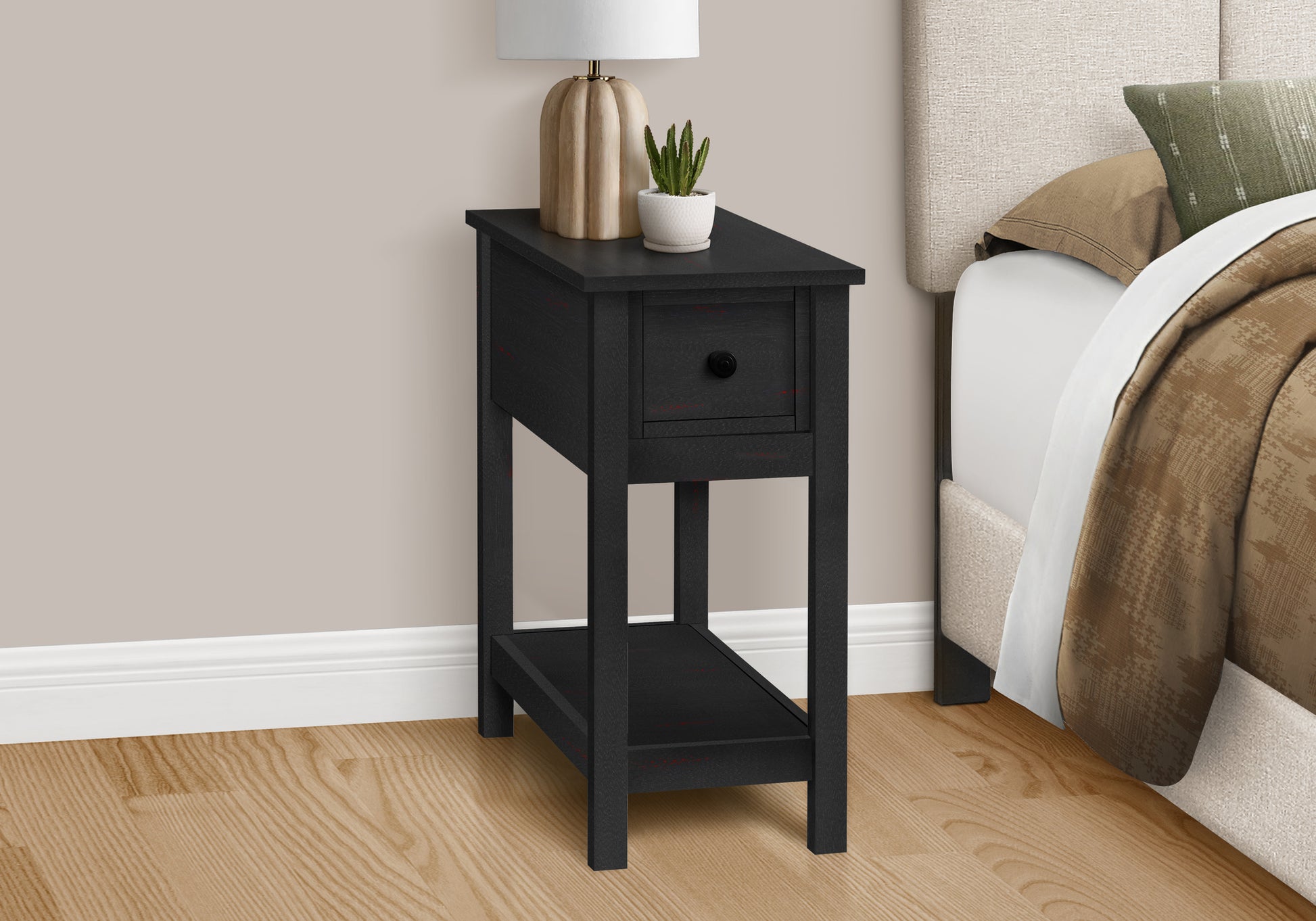 title:Accent Table, 2 Tier, End, Lamp, Nightstand, Side Table, Narrow, Small, Storage Drawer, Bedroom, Black Veneer, Transitional;color:Black