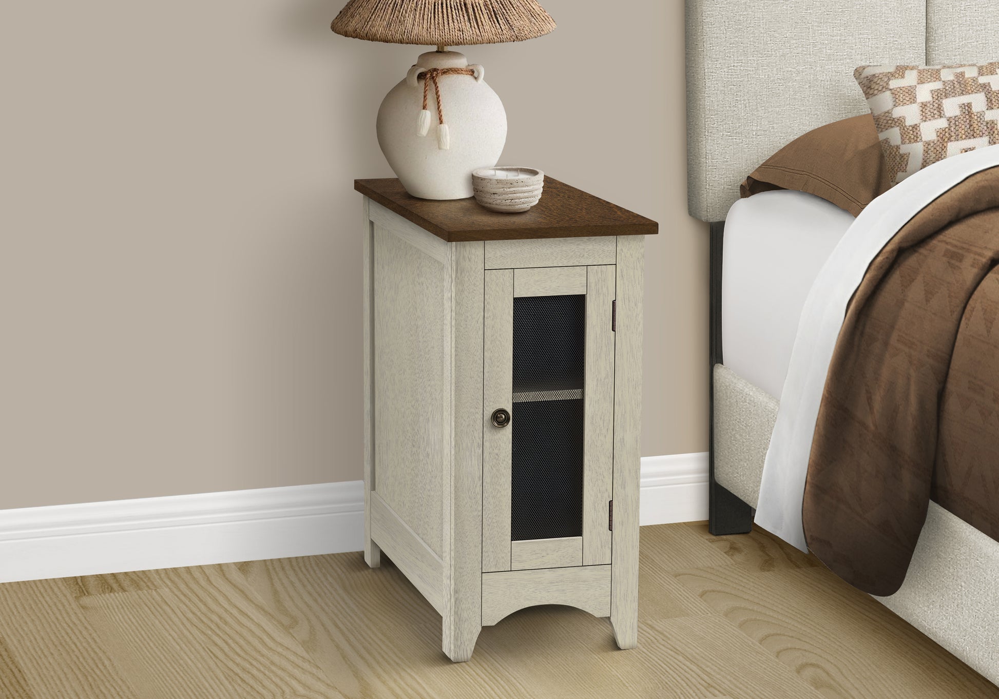 title:Accent Table, End, Side Table, Narrow, Nightstand, Bedroom, Lamp, Storage, Antique White Veneer, Brown Veneer, Transitional;color:White