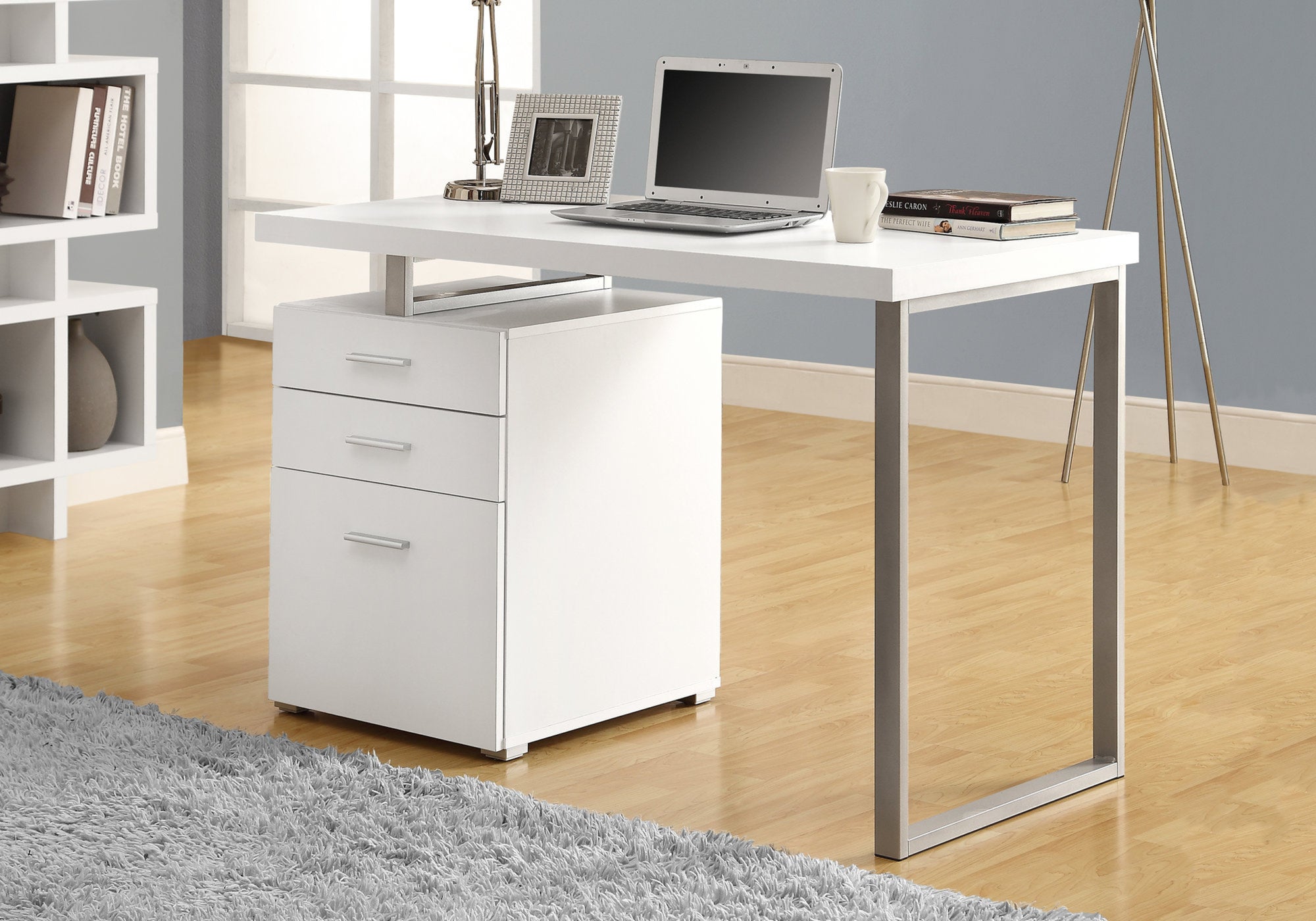 title:Computer Desk, Home Office, Laptop, Left, Right Set-up, Storage Drawers, 48"l, Work, White Laminate, Grey Metal, Contemporary, Modern;color:White