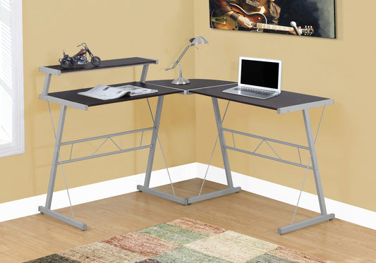 title:Computer Desk, Home Office, Corner, L Shape, Work, Laptop, Brown Laminate, Grey Metal, Contemporary, Modern;color:Espresso