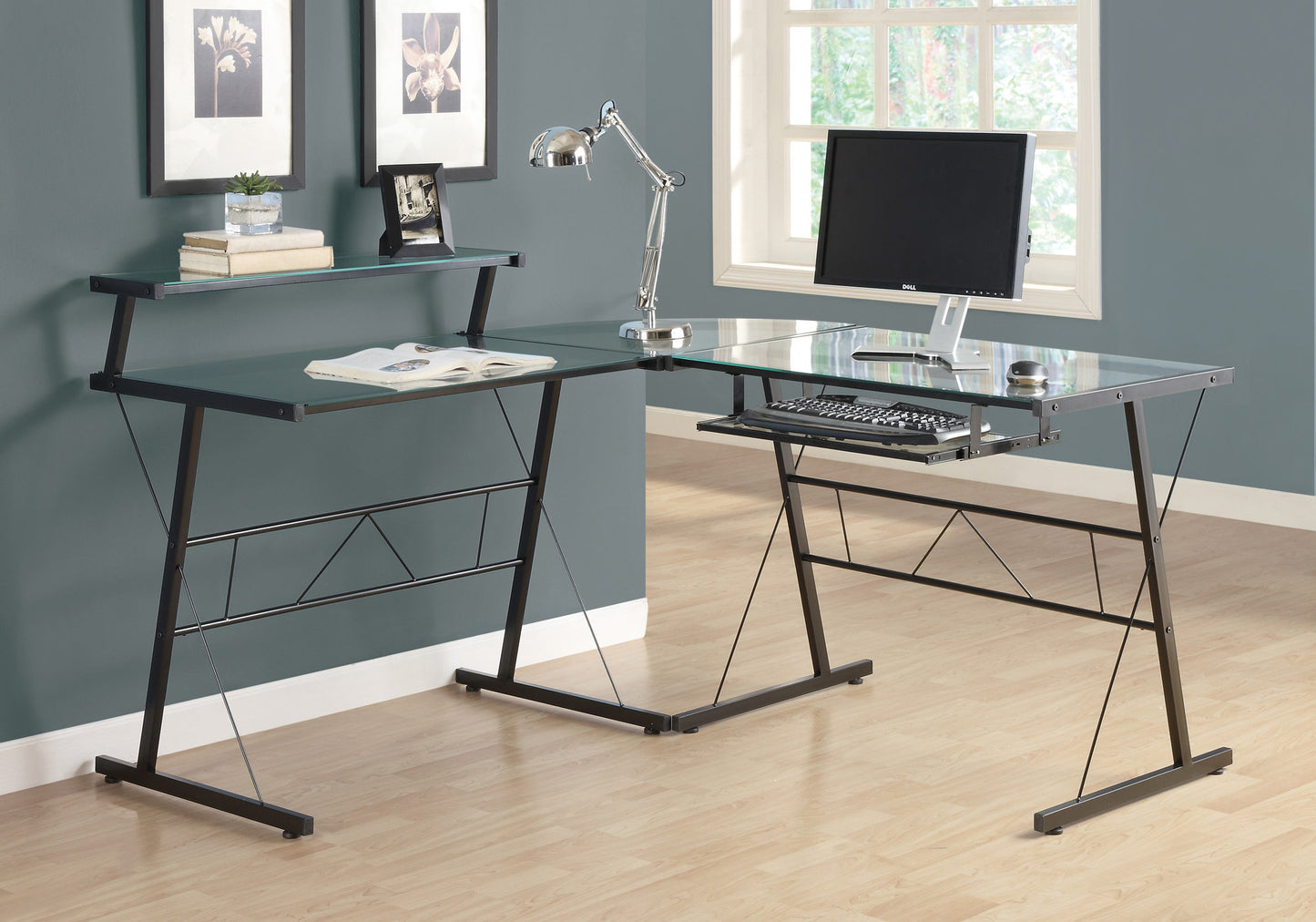 title:Computer Desk, Home Office, Corner, L Shape, Work, Laptop, Black Tempered Glass, Clear Tempered Glass, Contemporary, Modern;color:Black