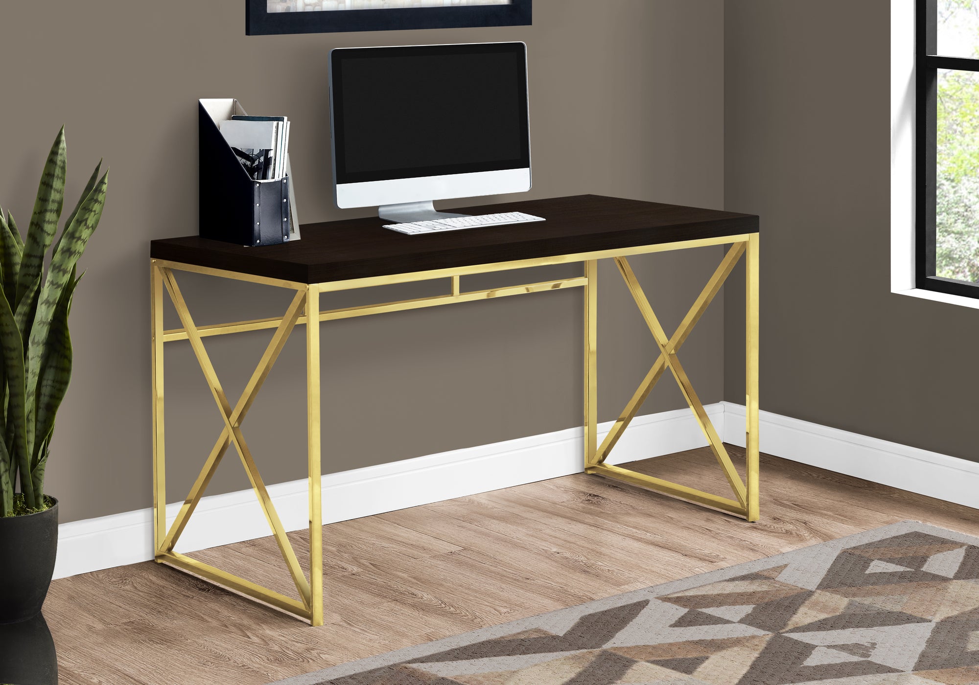 title:Computer Desk, Home Office, Laptop, Work, Brown Laminate, Gold Metal, Contemporary, Modern;color:Espresso