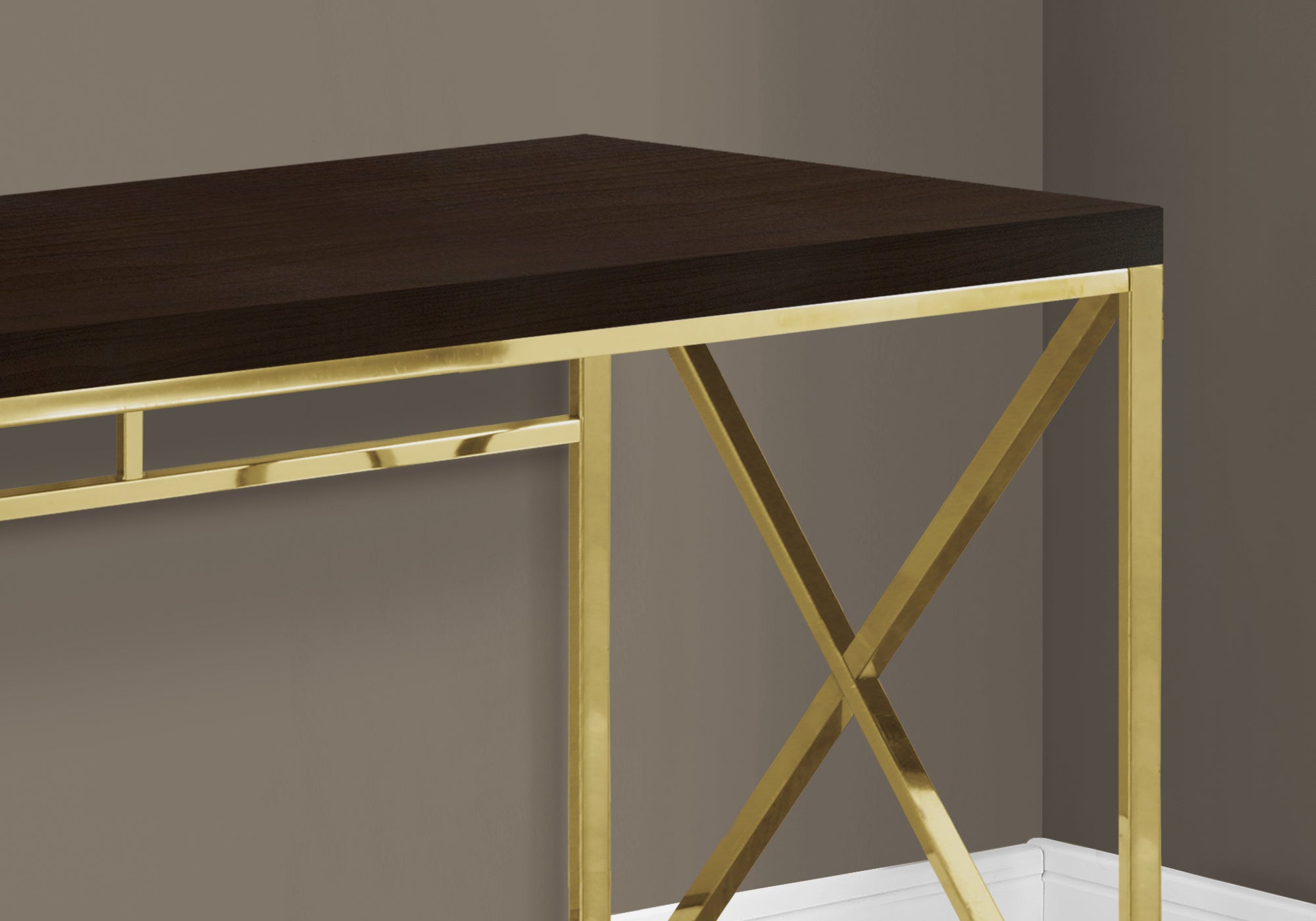 title:Computer Desk, Home Office, Laptop, Work, Brown Laminate, Gold Metal, Contemporary, Modern;color:Espresso