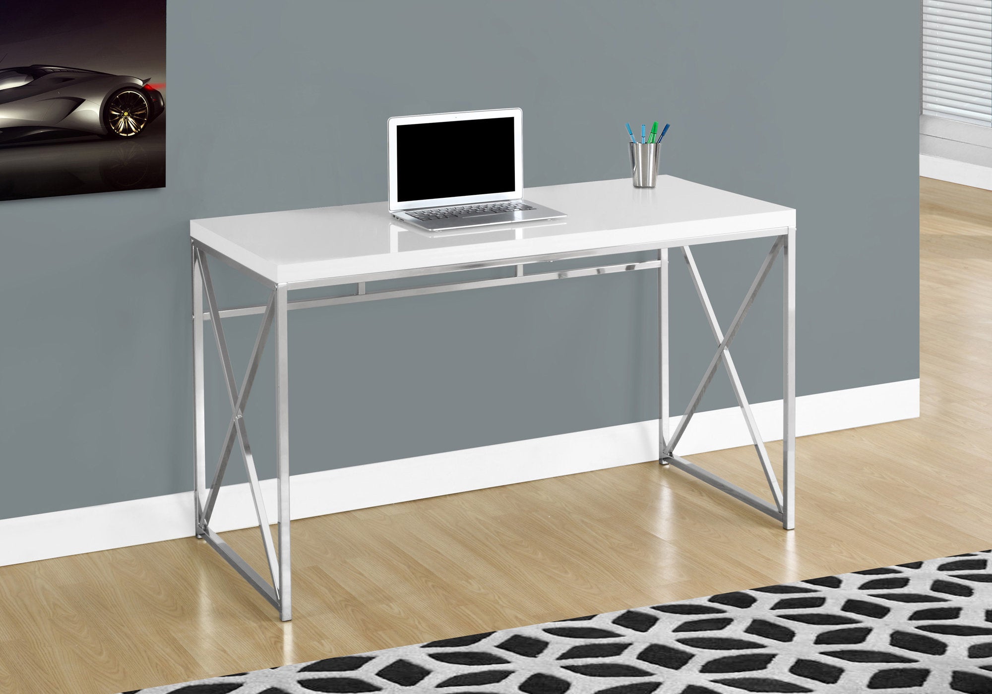 title:Computer Desk, Home Office, Laptop, Work, Glossy White Laminate, Chrome Metal, Contemporary, Modern;color:White