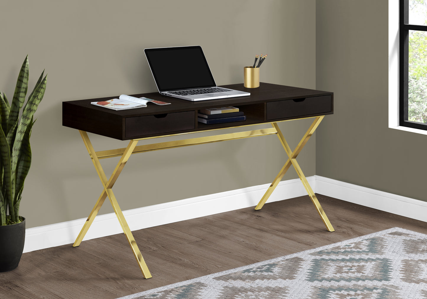 title:Computer Desk, Home Office, Laptop, Storage Drawers, 48"l, Work, Brown Laminate, Gold Metal, Contemporary, Modern;color:Espresso