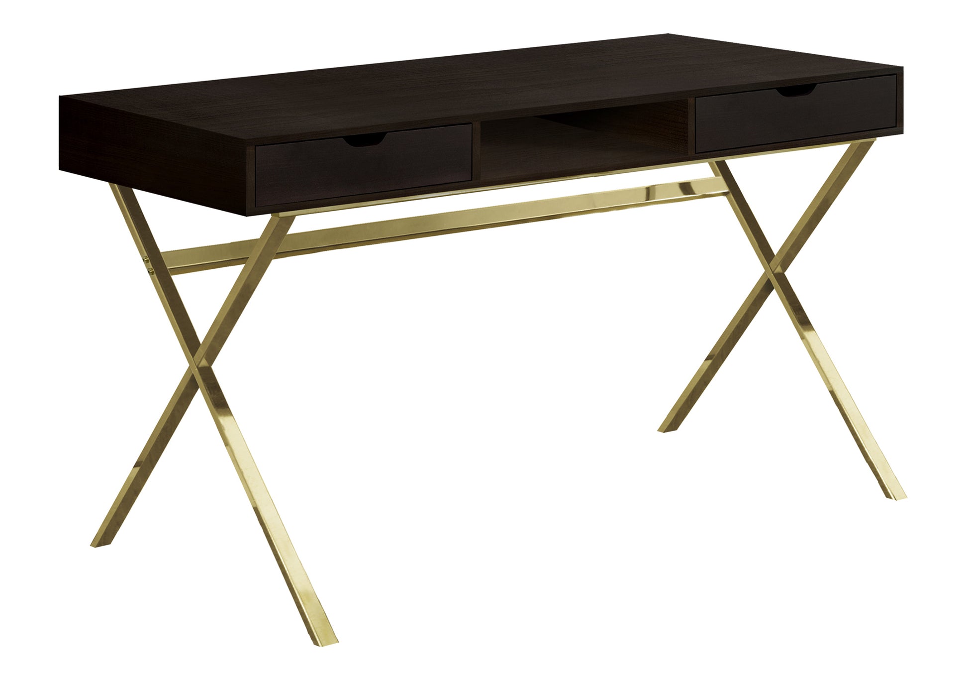 title:Computer Desk, Home Office, Laptop, Storage Drawers, 48"l, Work, Brown Laminate, Gold Metal, Contemporary, Modern;color:Espresso