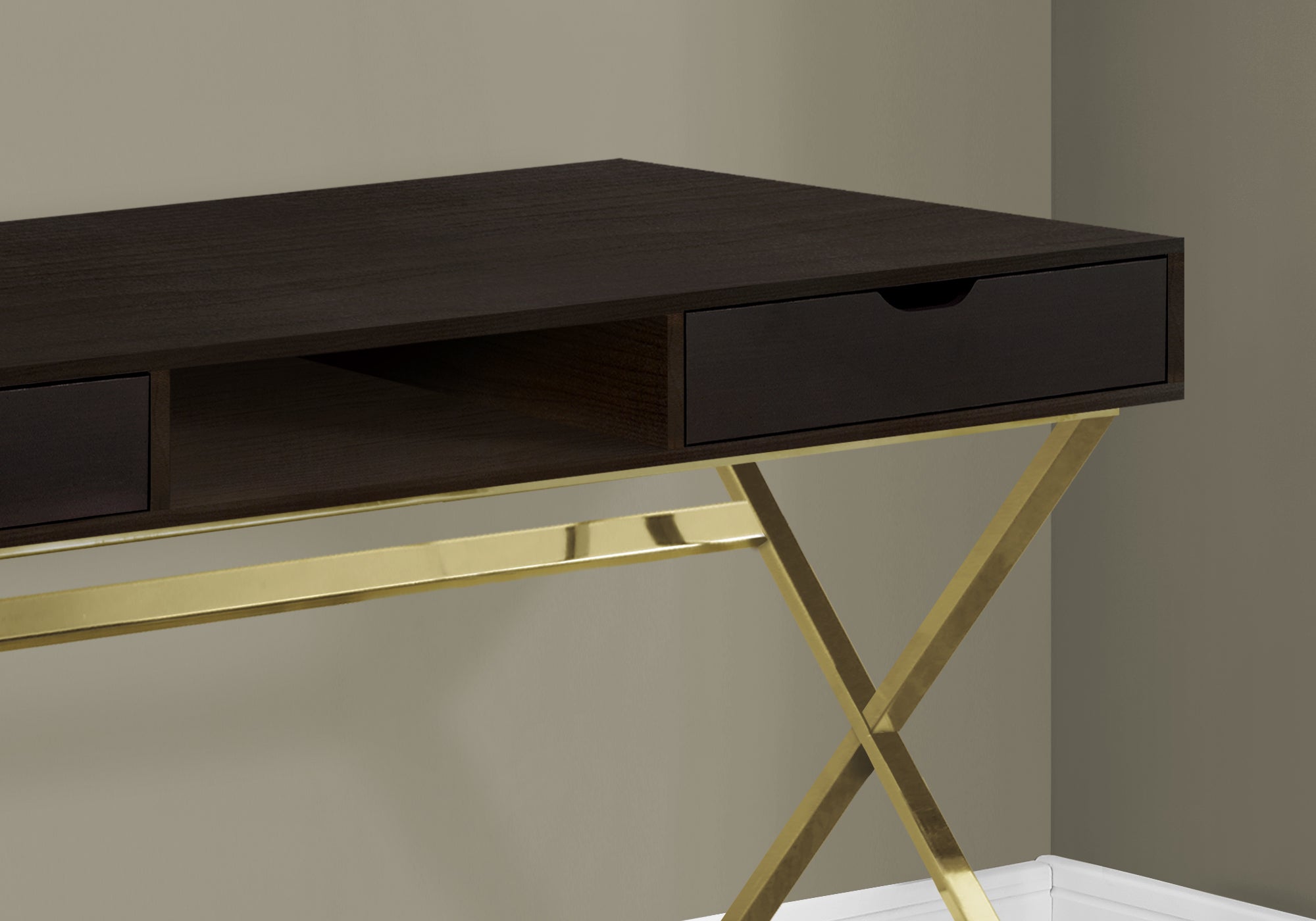 title:Computer Desk, Home Office, Laptop, Storage Drawers, 48"l, Work, Brown Laminate, Gold Metal, Contemporary, Modern;color:Espresso