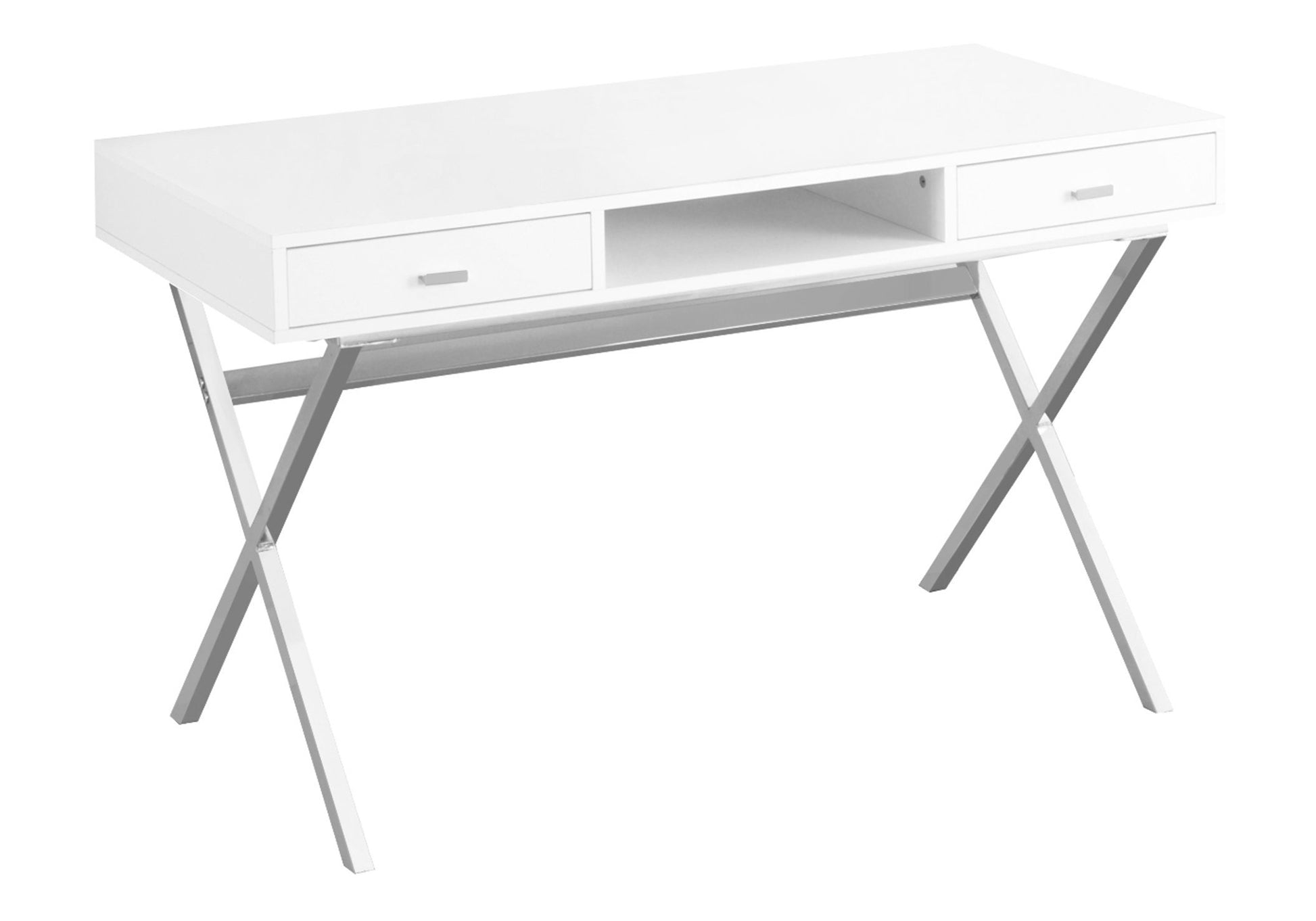 title:Computer Desk, Home Office, Laptop, Storage Drawers, 48"l, Work, Glossy White Laminate, Chrome Metal, Contemporary, Modern;color:White