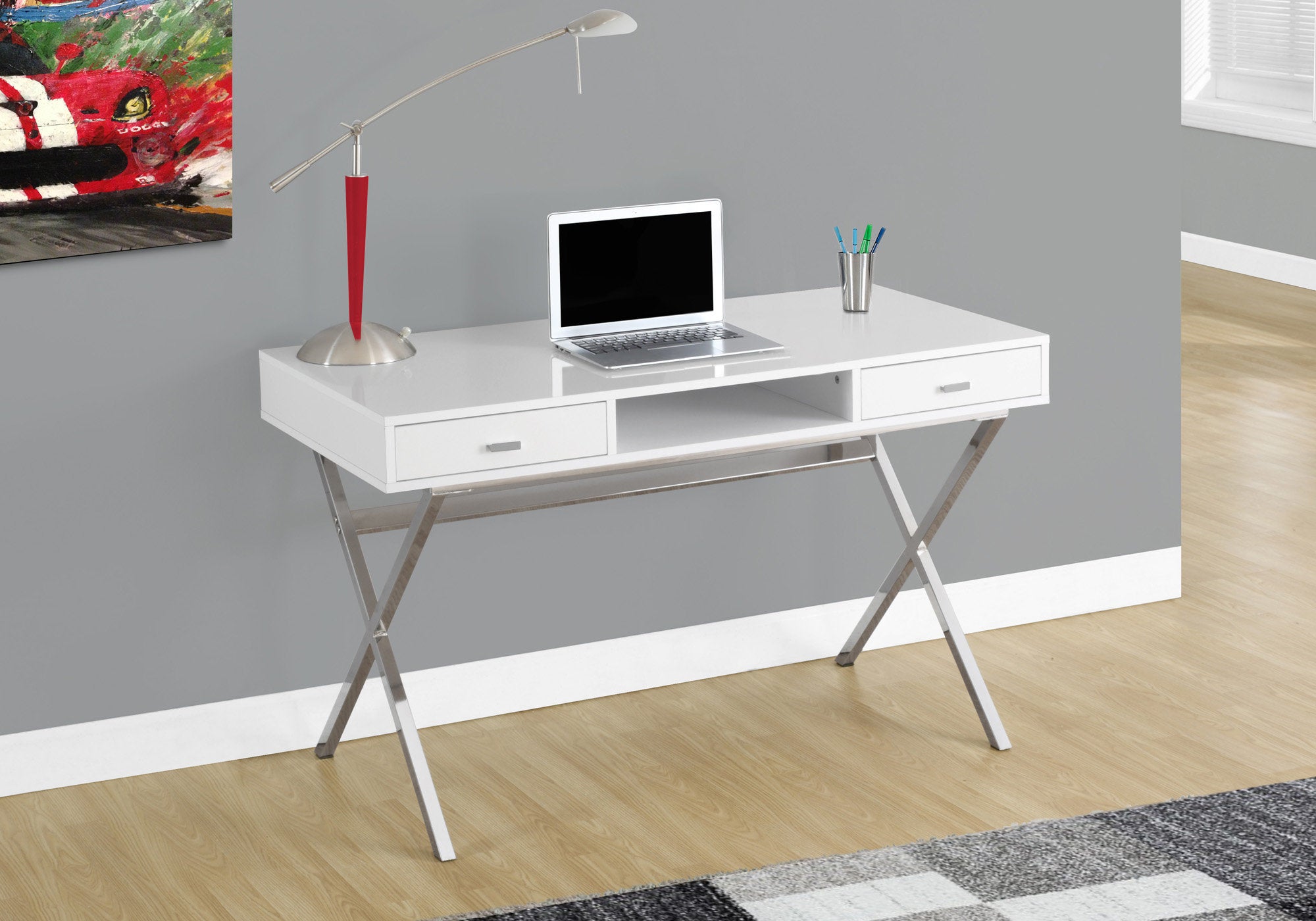 title:Computer Desk, Home Office, Laptop, Storage Drawers, 48"l, Work, Glossy White Laminate, Chrome Metal, Contemporary, Modern;color:White