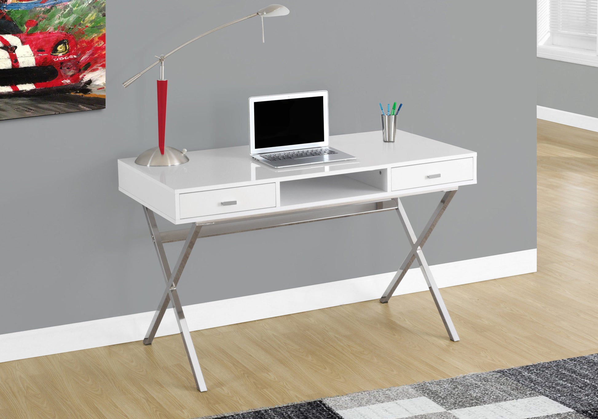 title:Computer Desk, Home Office, Laptop, Storage Drawers, 48"l, Work, Glossy White Laminate, Chrome Metal, Contemporary, Modern;color:White