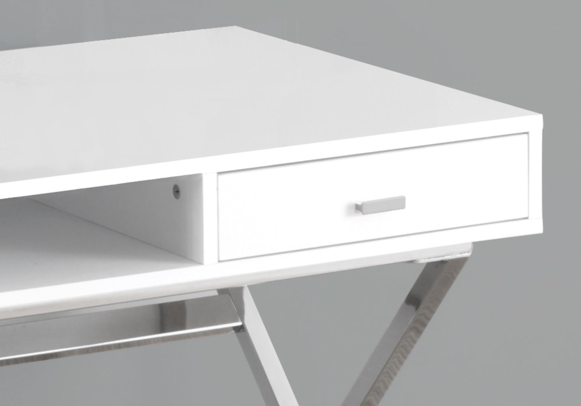 title:Computer Desk, Home Office, Laptop, Storage Drawers, 48"l, Work, Glossy White Laminate, Chrome Metal, Contemporary, Modern;color:White