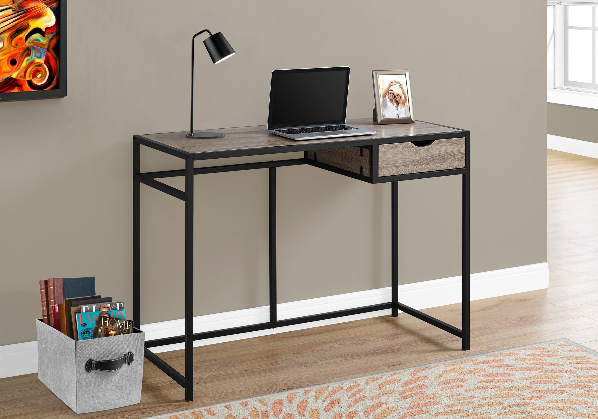 title:Computer Desk, Home Office, Laptop, Storage Drawer, 42"l, Work, Brown Laminate, Black Metal, Contemporary, Modern;color:Dark Taupe