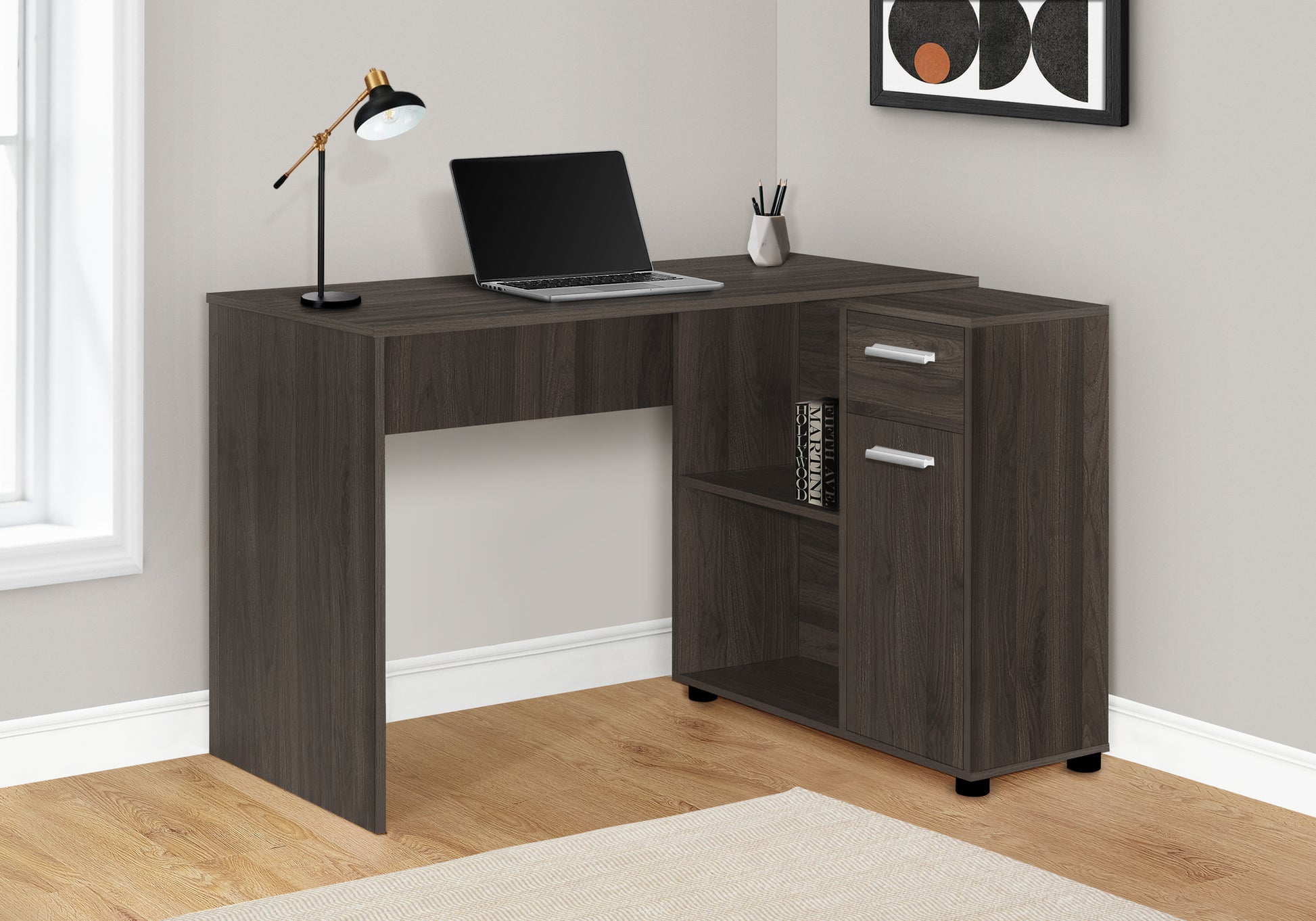 title:Computer Desk, Home Office, Corner, Storage Drawers, 46"l, L Shape, Work, Laptop, Brown Laminate, Contemporary, Modern;color:Oak