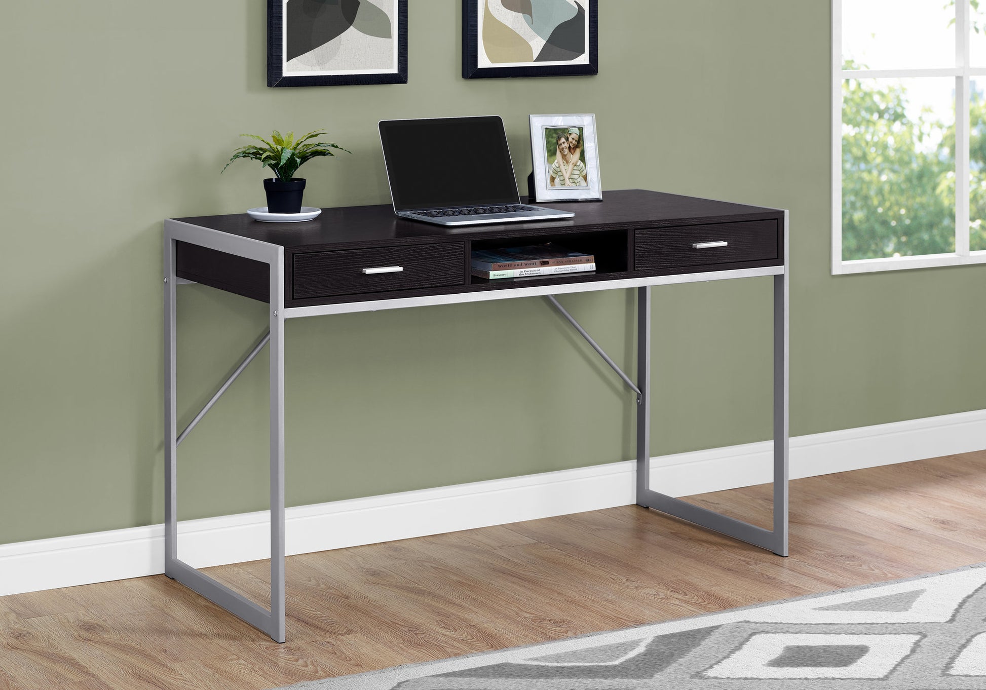 title:Computer Desk, Home Office, Laptop, Storage Drawers, 48"l, Work, Brown Laminate, Grey Metal, Contemporary, Modern;color:Espresso