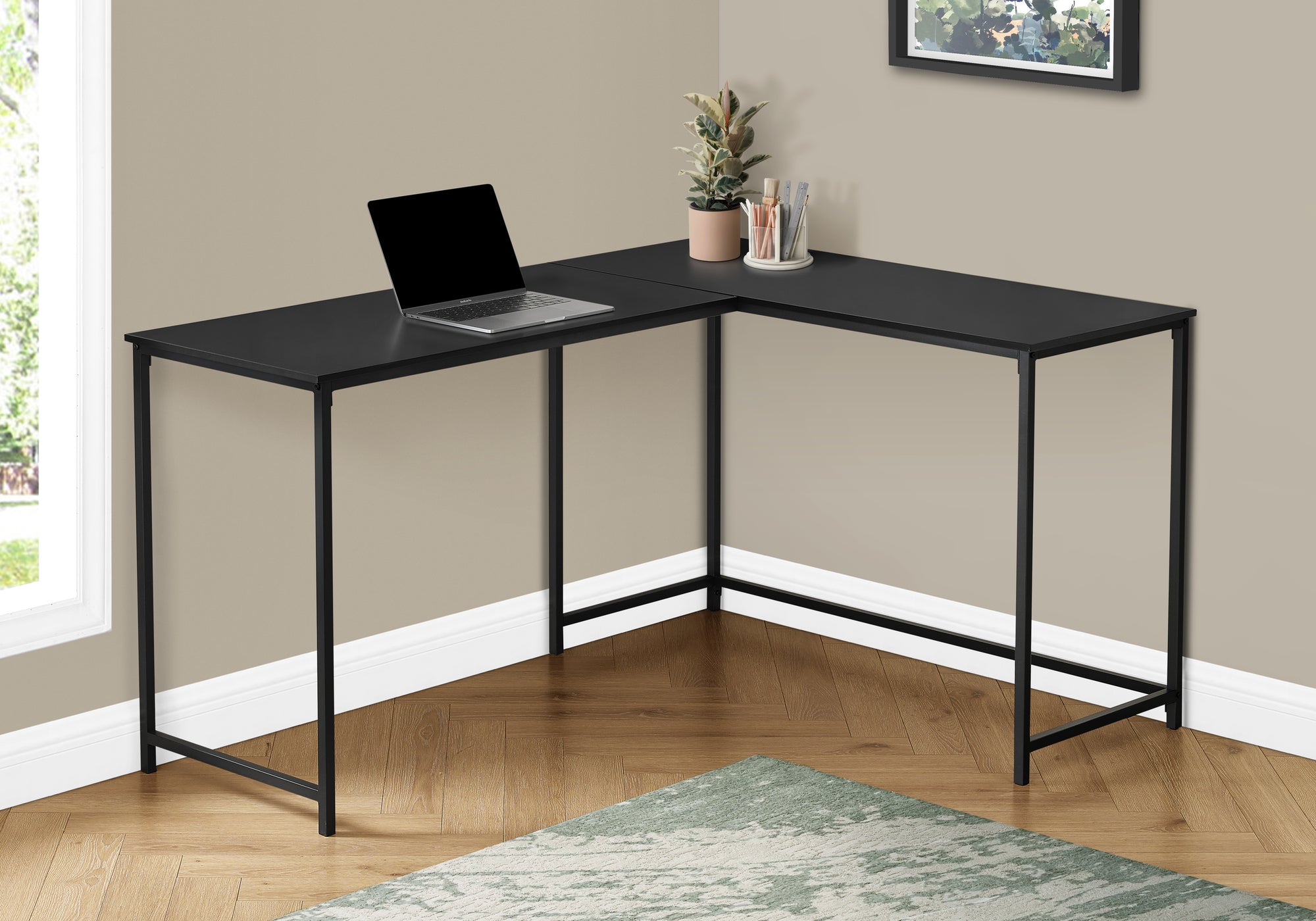 title:Computer Desk, Home Office, Corner, 58"l, L Shape, Work, Laptop, Black Laminate, Black Metal, Contemporary, Modern;color:Black