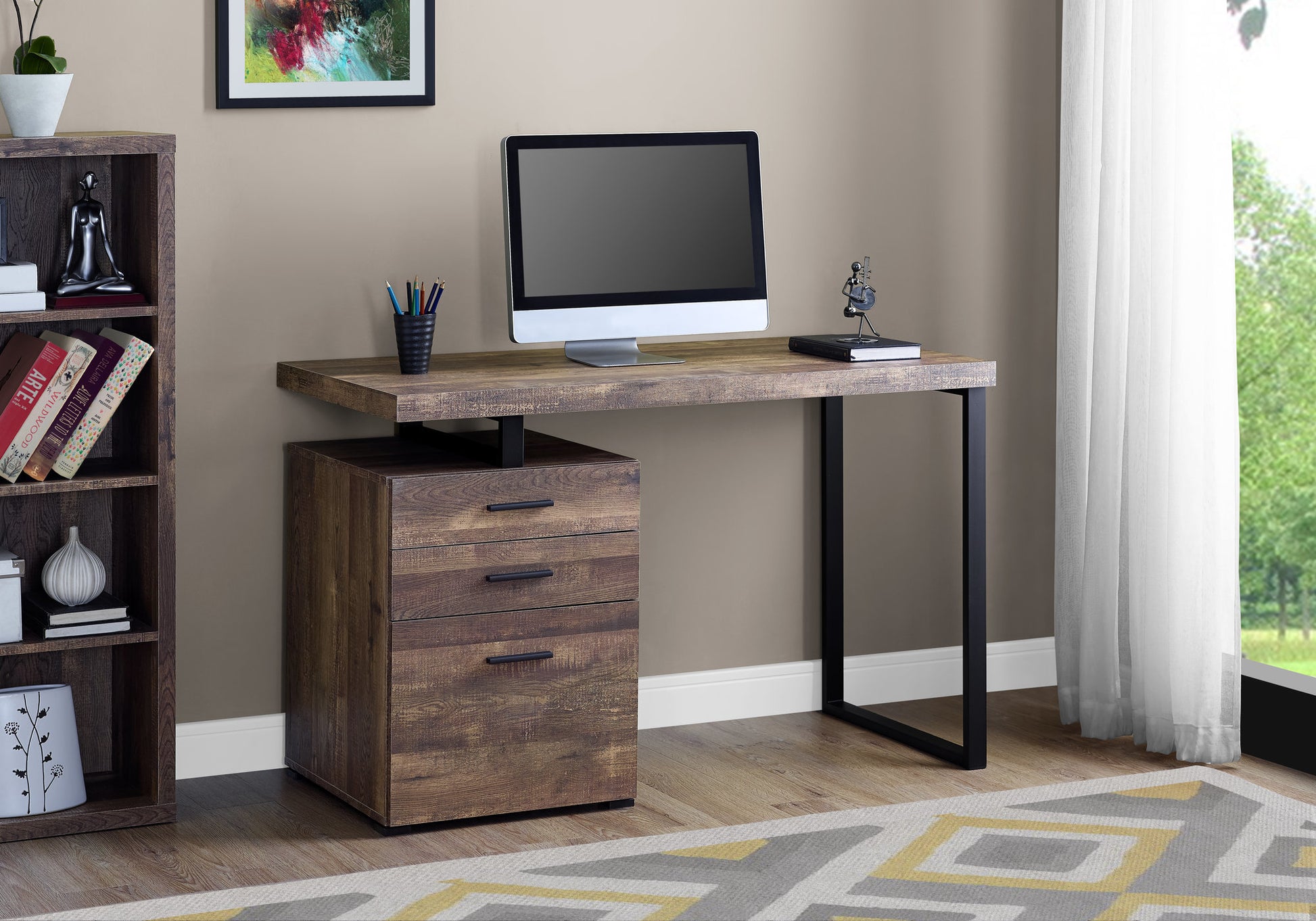 title:Computer Desk, Home Office, Laptop, Left, Right Set-up, Storage Drawers, 48"l, Work, Brown Laminate, Black Metal, Contemporary, Modern;color:Brown